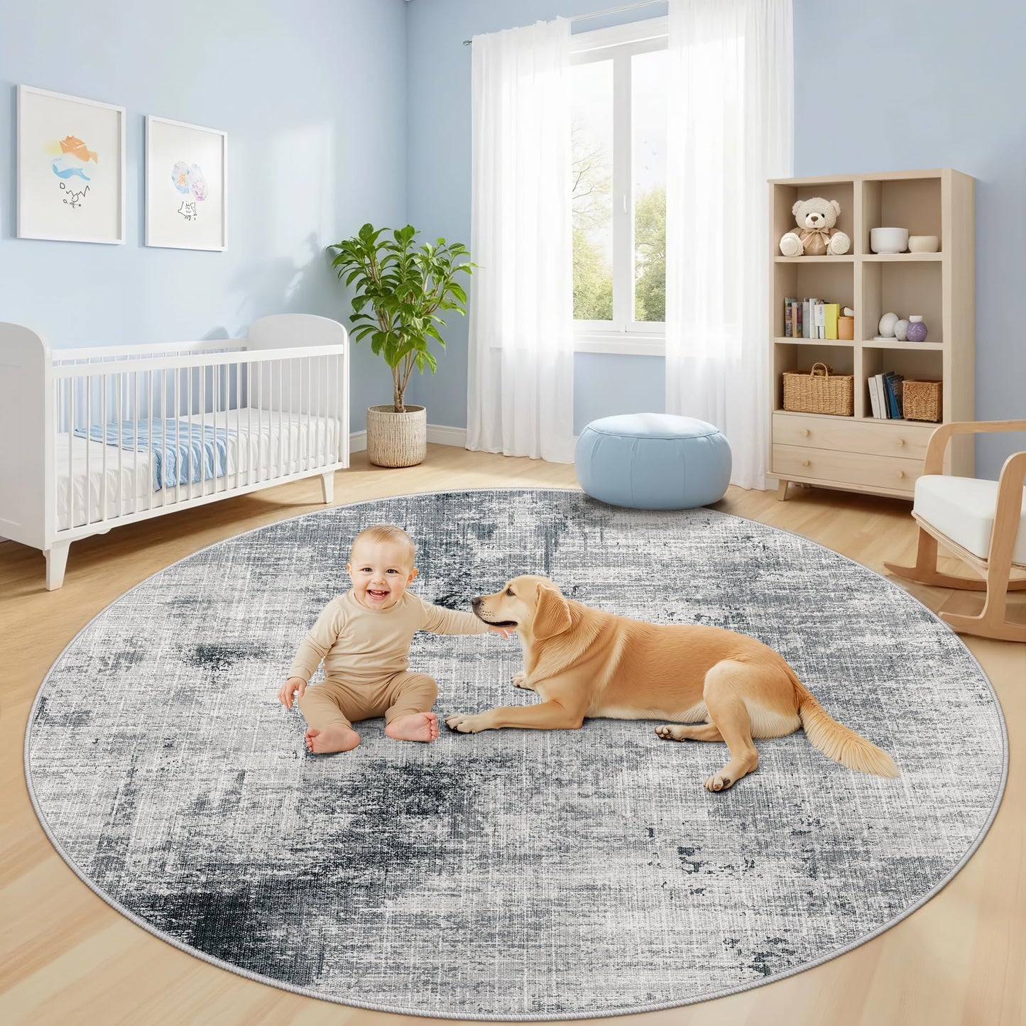 6ft Washable Round Rug - 6x6 Area Rugs Modern Abstract Rugs for Living Room Non-Slip Low Pile Soft Machine Washable Carpet for Bedroom, Living Room, Dining Room, Nursery, Farmhouse (6'x6' Dark Grey)