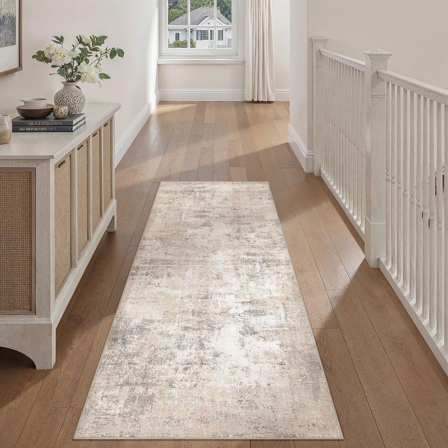 WondRg 2x6 Washable Runner Rug for Kitchen Hallway Non-Slip Beige Grey Neutral Carpet Low Pile Soft Thin Area Rug Abstract Modern Vacuumable Lightweight Runner for Entryway Bedroom Bedside Indoor