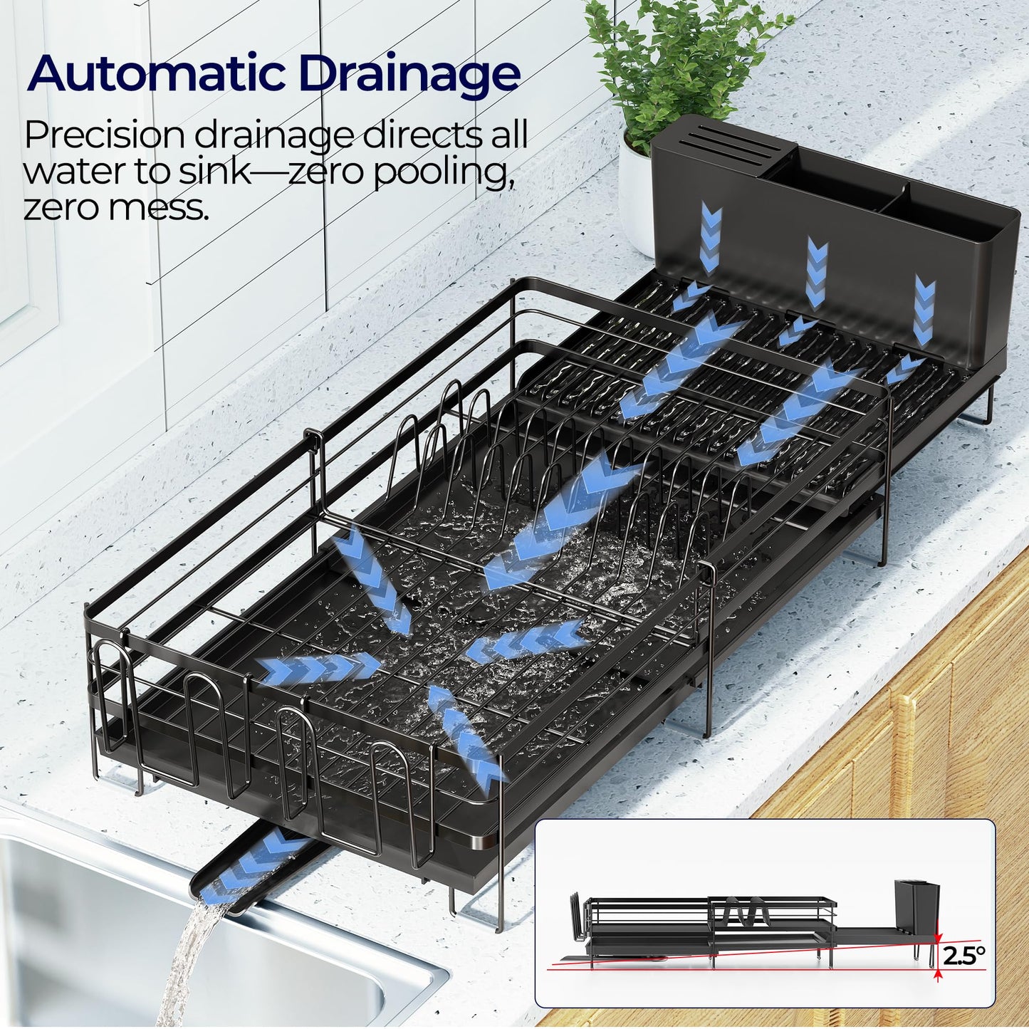 Large Dish Drying Rack - Extendable Dish Rack for Kitchen Counter, Multifunctional Dish Drainer with Drainboard Set, Dishrack with Utensil Holder & Cup Holder, 13.4"-28.7" L x 11.8" W, Black