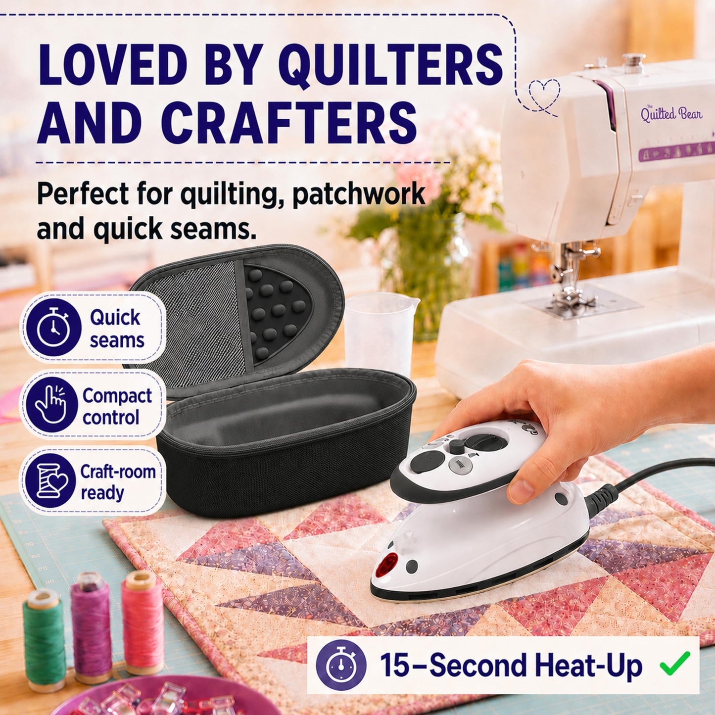 The Quilted Bear Premium Mini Steam Iron - Lightweight Mini Travel Iron for Effortless Quilting & Wrinkle-Free Clothes with Carry Case & Iron Rest - Travel Steamer for Clothes & Crafts (Black) (V2)
