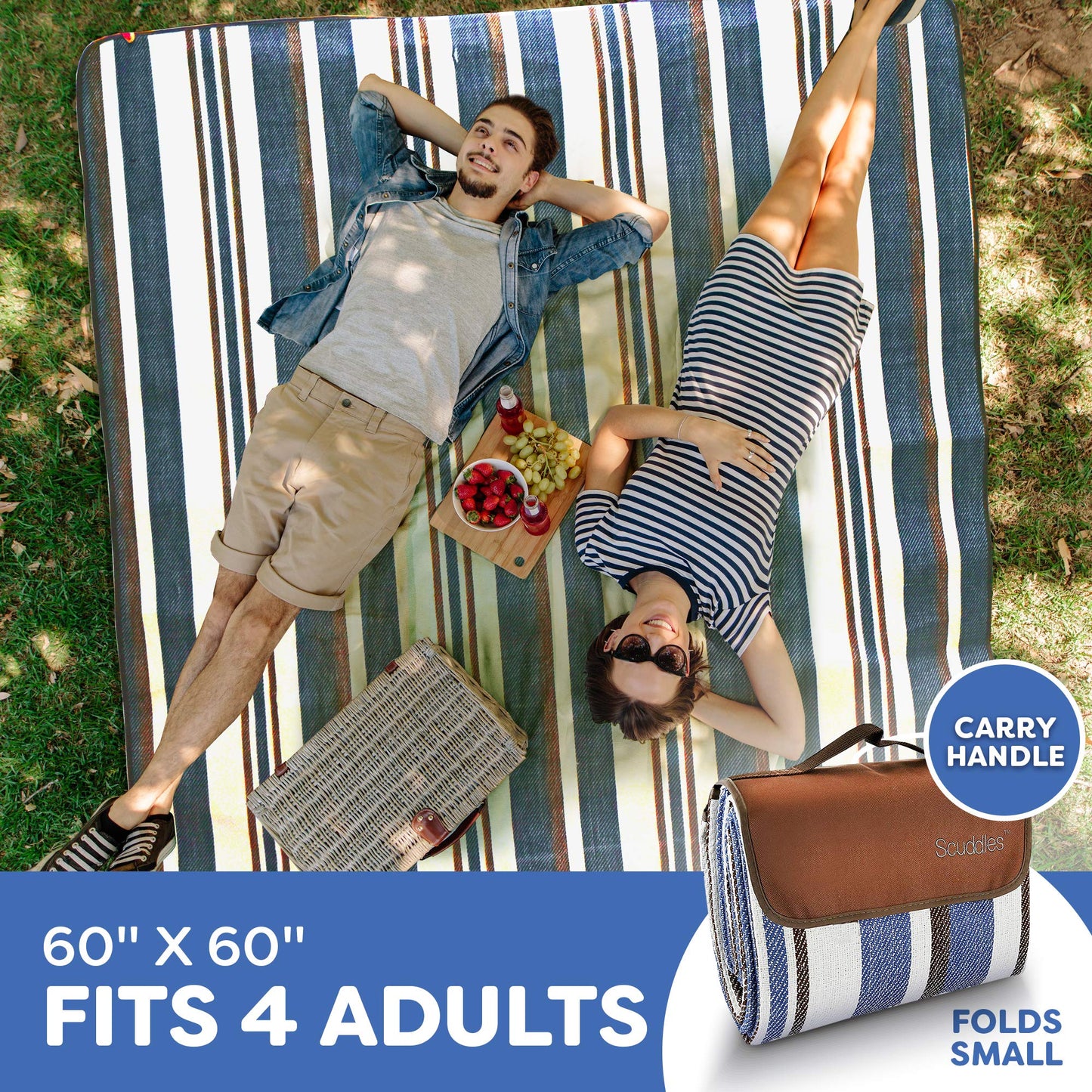 Extra Large Picnic & Outdoor Blanket Dual Layers for Outdoor Water-Resistant Handy Mat Tote Spring Summer Blue and White Striped Great for The Beach,Camping on Grass Waterproof Sandproof (SC-CM-01)