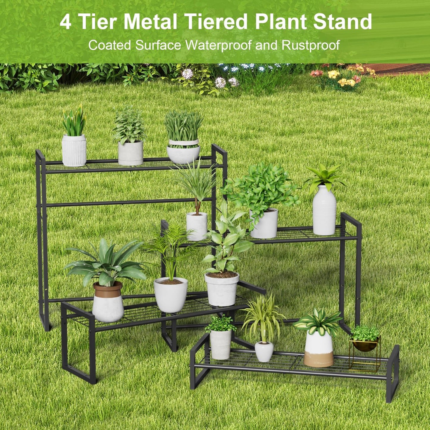 VyGrow Plant Stand, 4 Tier Stackable Tiered Plant Stand, Scalable Heavy Duty Tall Plant Shelf for Indoor Outdoor, Garden, Display Shelves, Flower Pot Holder (Black)