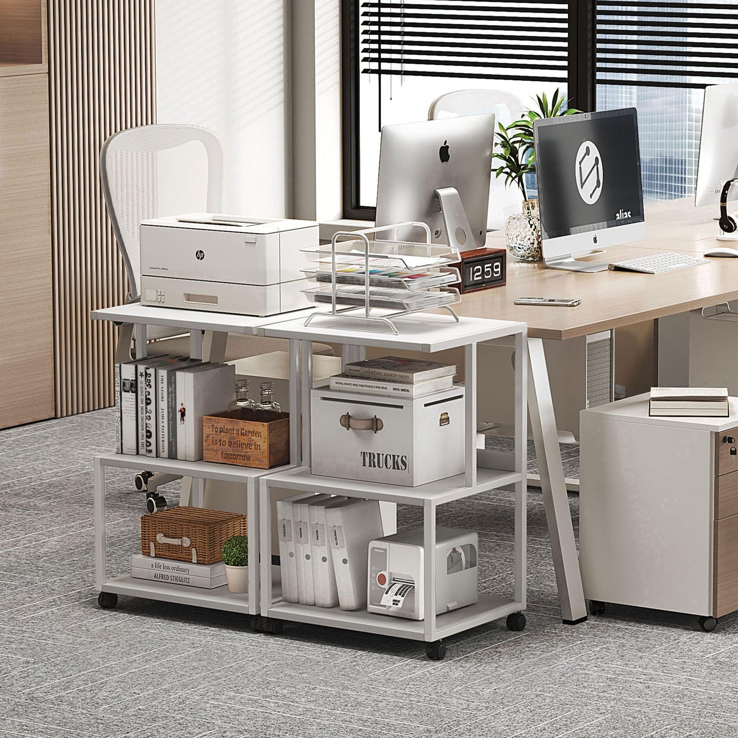 Vermess Printer Stand, Large 3 Tier Printer Table with Wheels, Industrial Printer Storage Cart, Rolling Printer Cart with Storage Shelf for Printer Scanner Fax Home Office Use, White