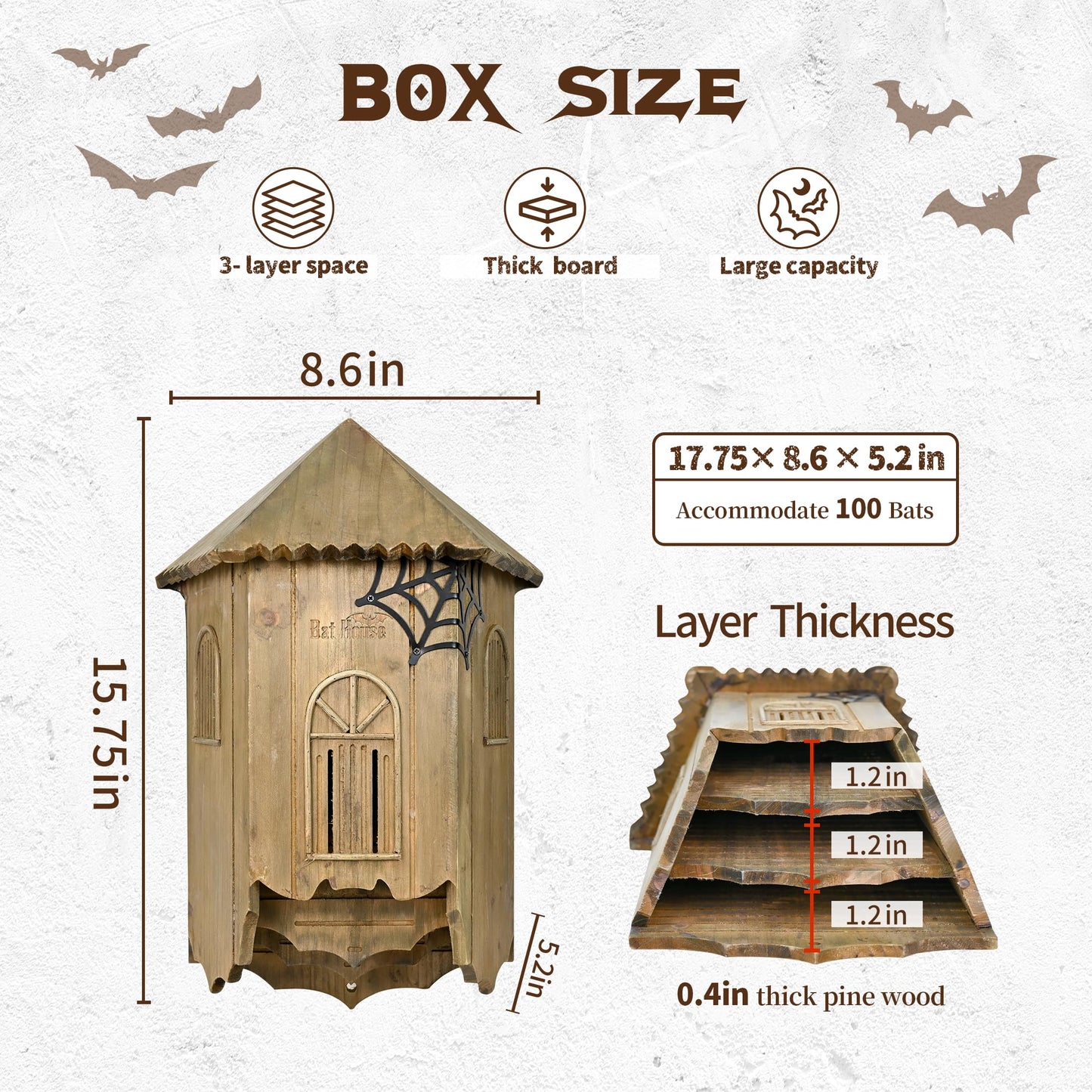 Wooden Castle Bat House with Gatehouse/Tower/Curtain Wall Design, Large Ventilated 2/3 Chamber Bat Box, Ideal for Outdoor Bat Attraction, Easy to Hang