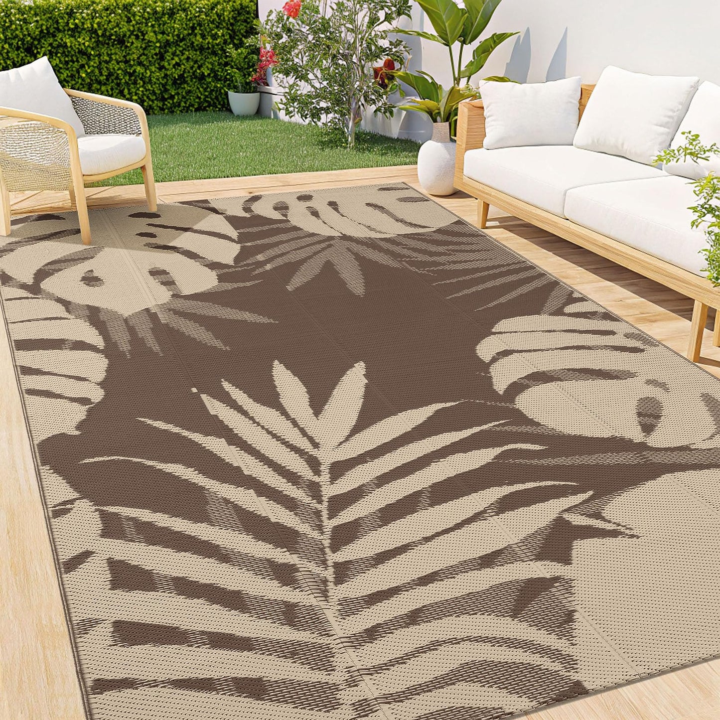OLANLY Waterproof Outdoor Rug 4x6 ft, Plastic Reversible Patio Rug Outdoor Carpet, Large Leaf Outdoor Area Rug Deck Rugs for Patio, RV, Backyard, Deck, Picnic, Beach, Camping, Beige & Brown