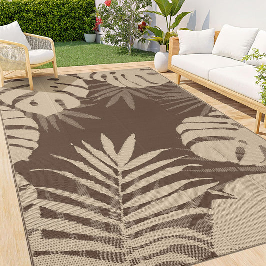 OLANLY Waterproof Outdoor Rug 4x6 ft, Plastic Reversible Patio Rug Outdoor Carpet, Large Leaf Outdoor Area Rug Deck Rugs for Patio, RV, Backyard, Deck, Picnic, Beach, Camping, Beige & Brown