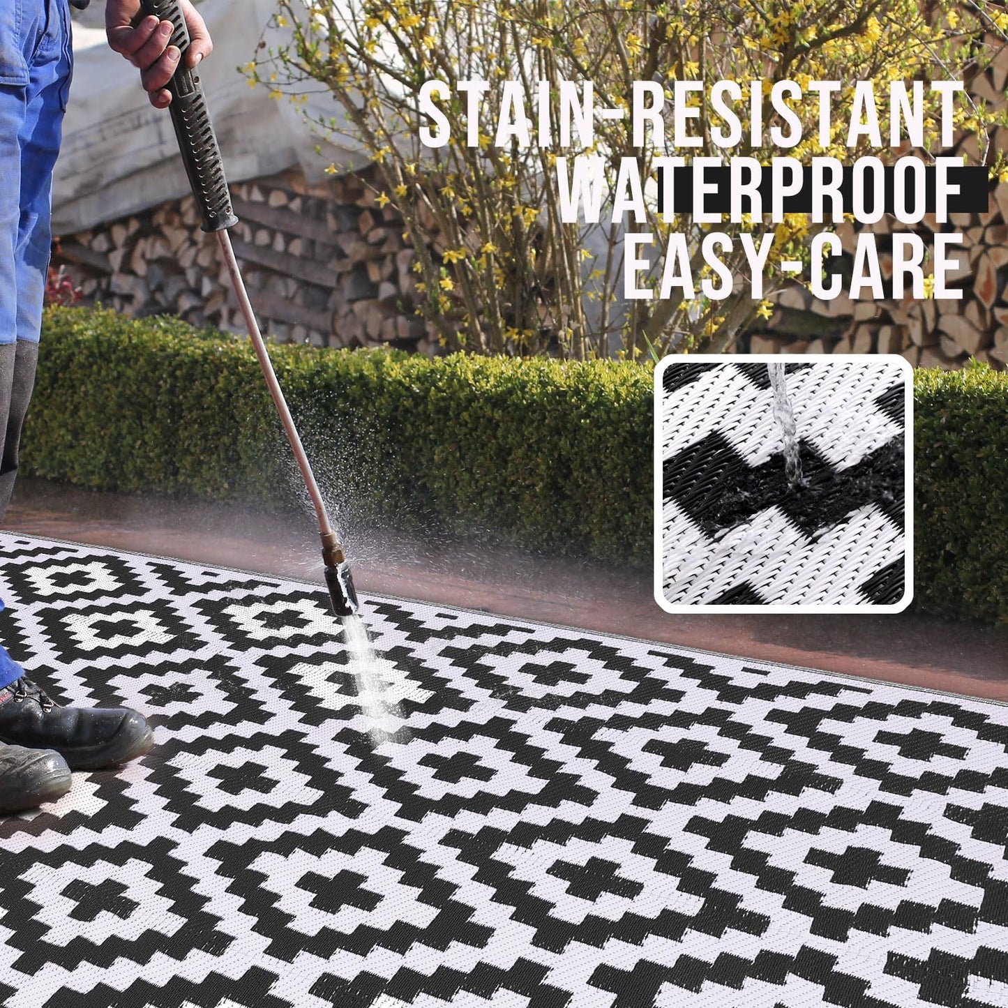 OLANLY Outdoor Rug Waterproof Reversible 5x8 ft, Durable Plastic Straw Patio Camping Carpet, Large Foldable RV Mat for Backyard, Deck, Picnic, Camper, Bench, All-Weather, Lightweight, Black & White