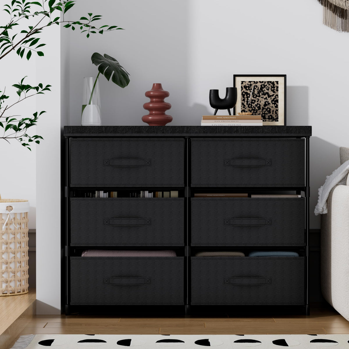 PPN Dresser with 6 Fabric Drawer Stand Desktop Sturdy Metal Plastic Support Tube Cube Storage Cabinet for Living Room, Bedroom Organization Dorm Front Hall Entryway Black