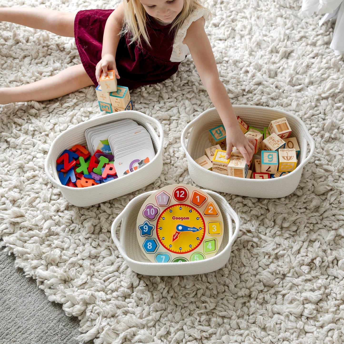 NaturalCozy 5-Piece Rectangle Storage Basket Set- Natural Cotton Rope Woven Baskets for Organizing! Small Basket for Montessori, Baby Nursery, Dog Toy Baskets, Cat Toy Box, Bathroom Organization Bin
