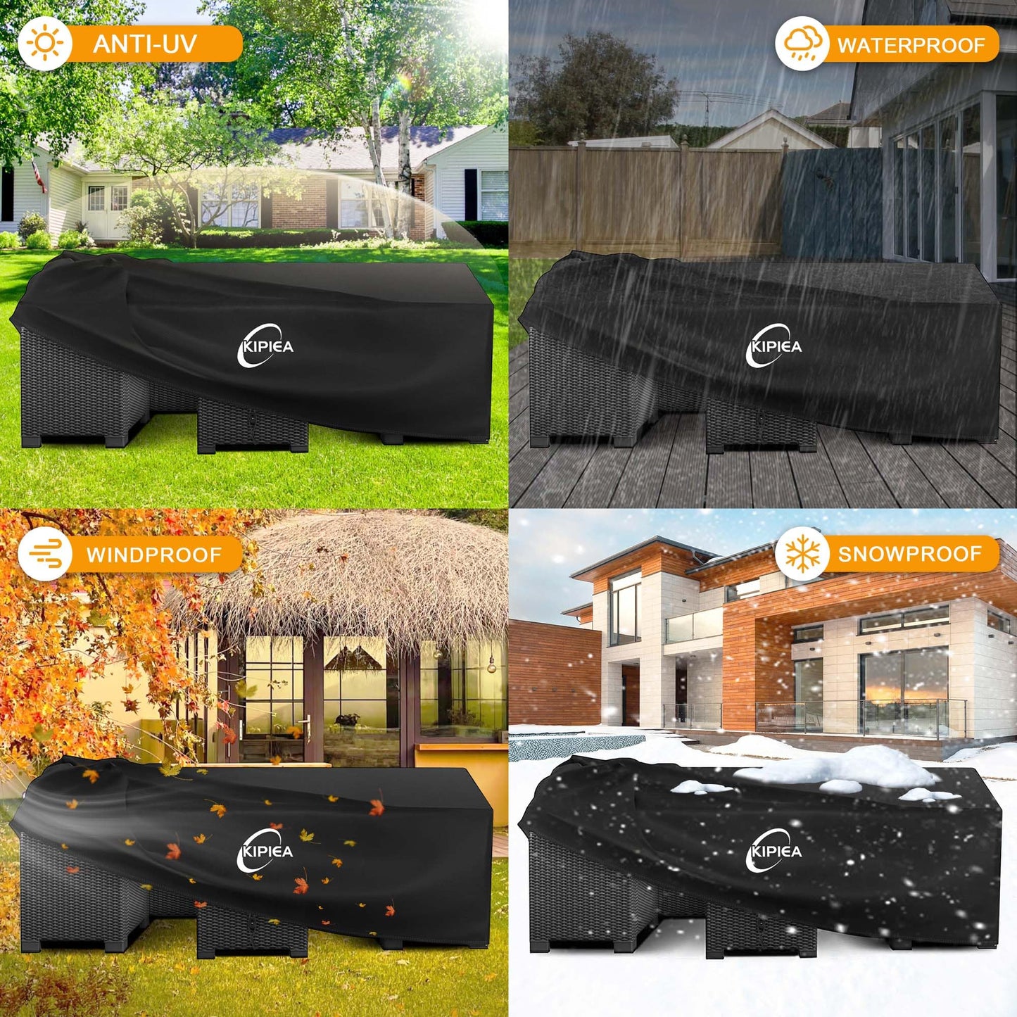 Kipiea 600D Patio Furniture Covers Waterproof Winter, Outdoor Furniture Set Covers for Table Chairs, Heavy-Duty Outdoor Sofa Covers with Anti UV and No Tears, No Fading (98" L x 78" W x 32" H）
