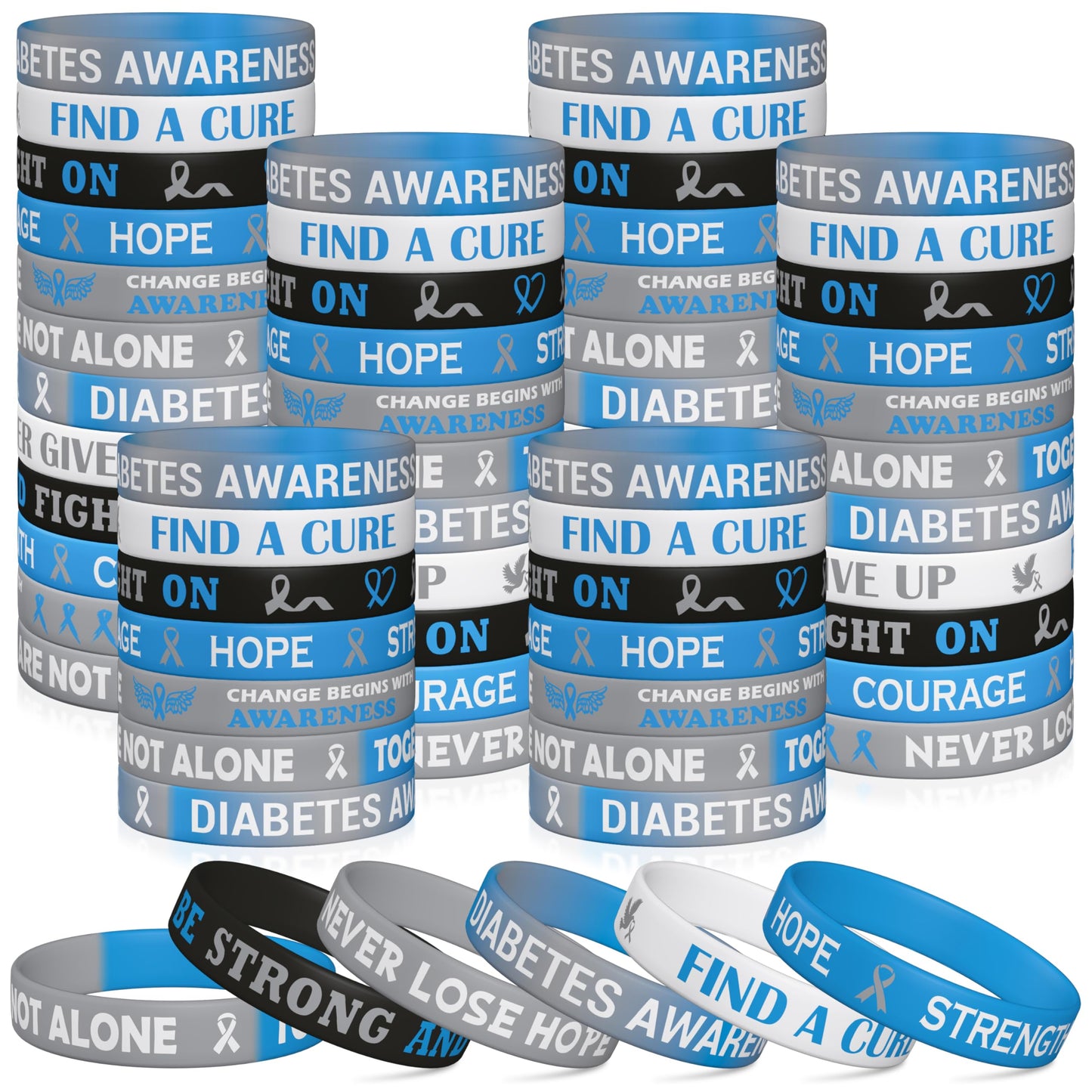 WATINC Diabetes Awareness Wristbands Bulk - Blue Gray Ribbon Type 1 Diabetes Prevention Motivational Silicone Bracelets with Inspirational Messages for Men Women Charity Activities Supplies (120Pcs)