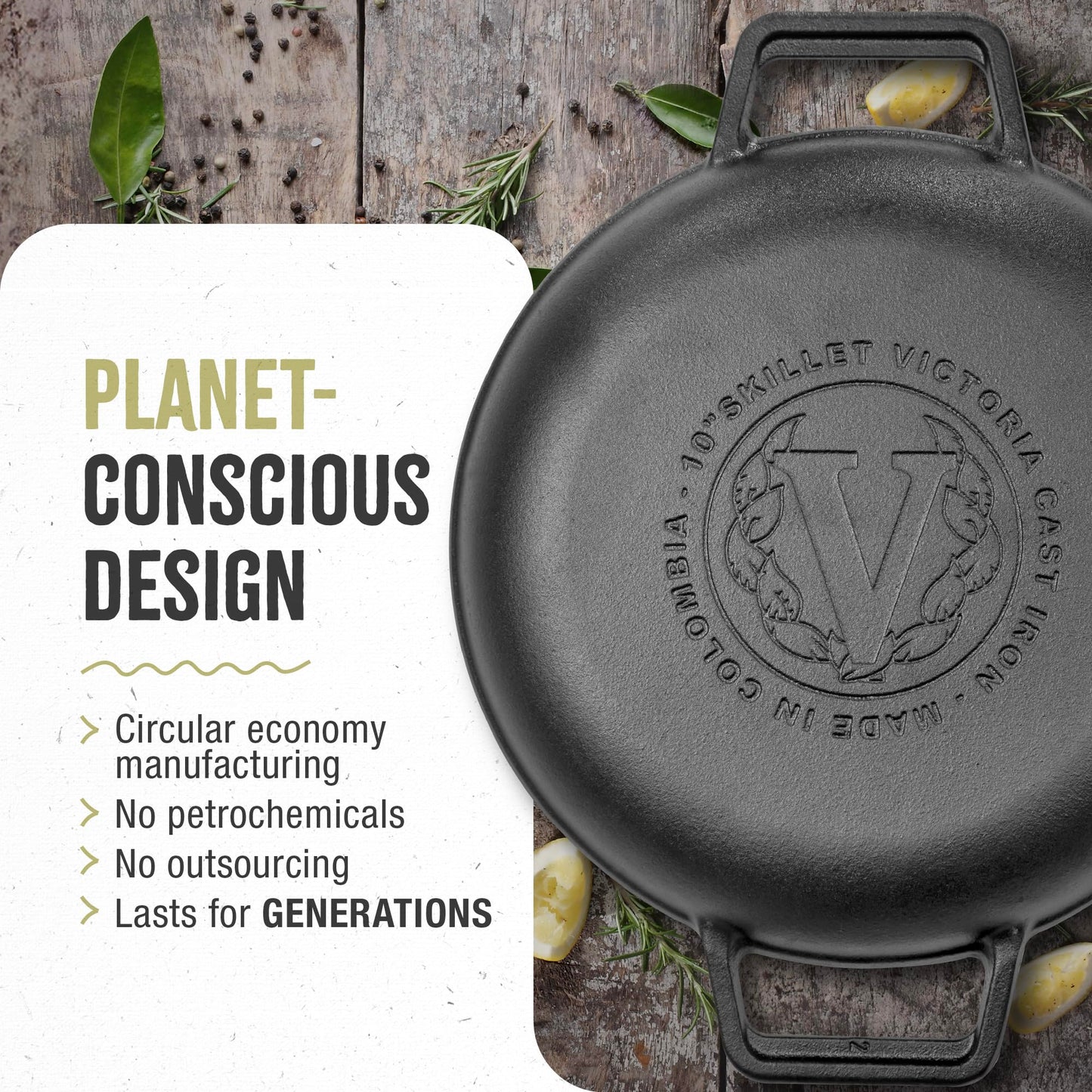 Victoria 10-Inch Cast-Iron Round Skillet with Double Loop Handles, Made in Colombia
