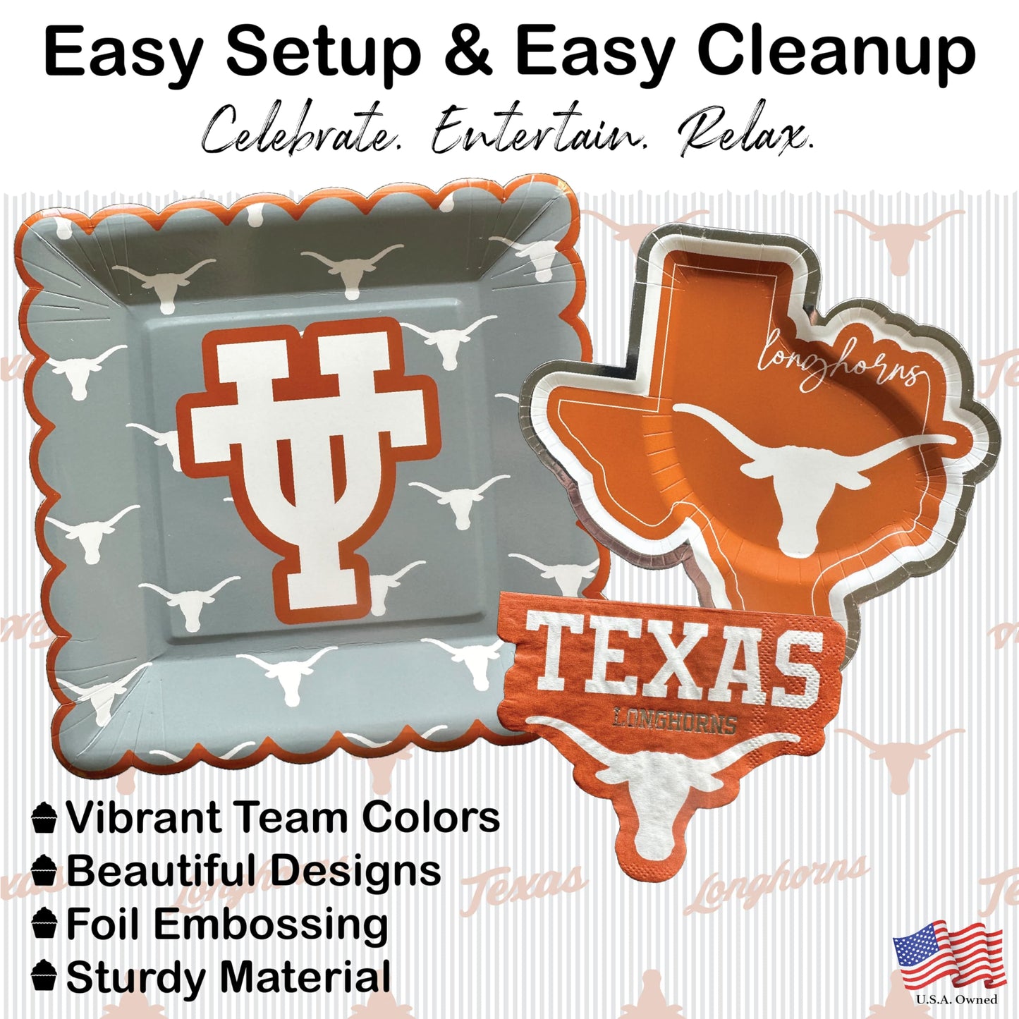 University of Texas Longhorns party supplies with Texas tablecloth plates and napkins (37 piece set) for graduation, football tailgating, and birthday party decorations (Serves 12) (Texas Longhorns)