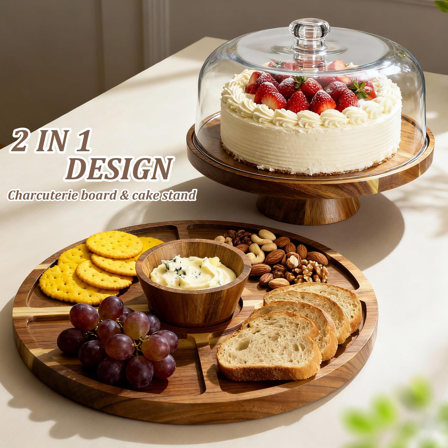 VALESKA Acacia Wood Cake Stand with Dome Lid, 2-in-1 Dessert Table Display Set & Charcuterie Board with 12In Acrylic Lid, Serving Platter, Fruit Platter, Cake Plate