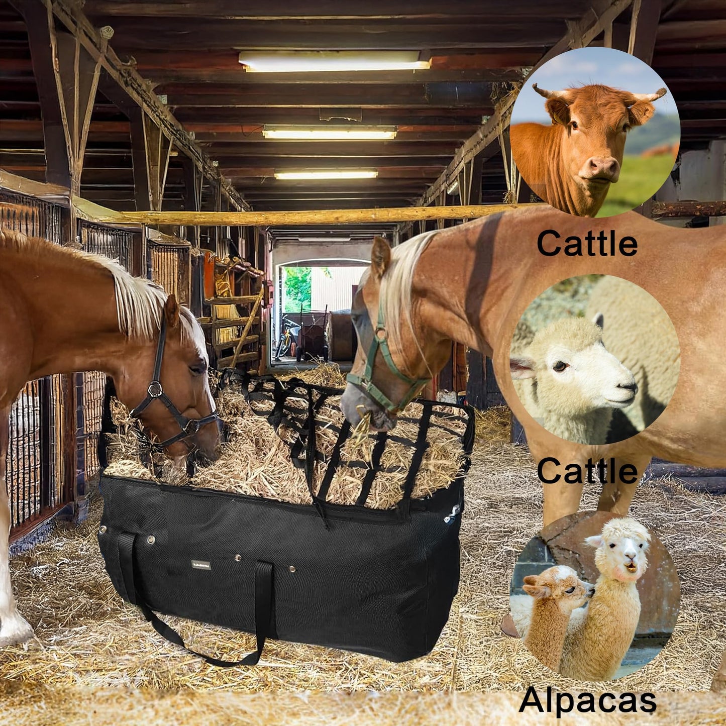 YUNPHDA Hay Bale Bag, 44x18x22inch Extra Large Hay Bag with Top Slow Feed Design for Horses Goats Sheep Donkey,Premium Oxford Heavy Duty Hay Bale Storage Bag for Barn Stable (Black)
