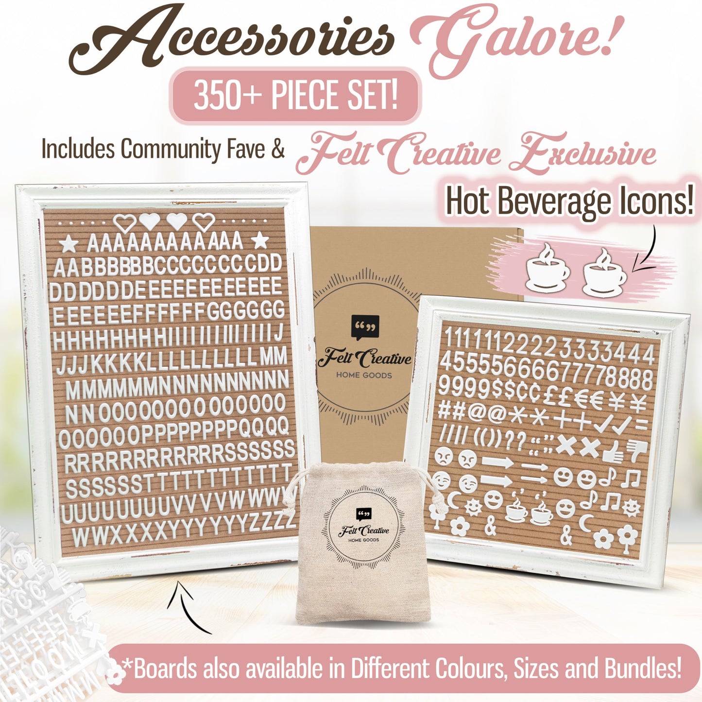 Cappuccino Felt Letter Board Back to School Sign with Rustic Wood White Frame - Farmhouse Letter Board Sign with Stand - Baby Announcement 10x10 Felt Board Changeable Message Board with 350 Letter Set