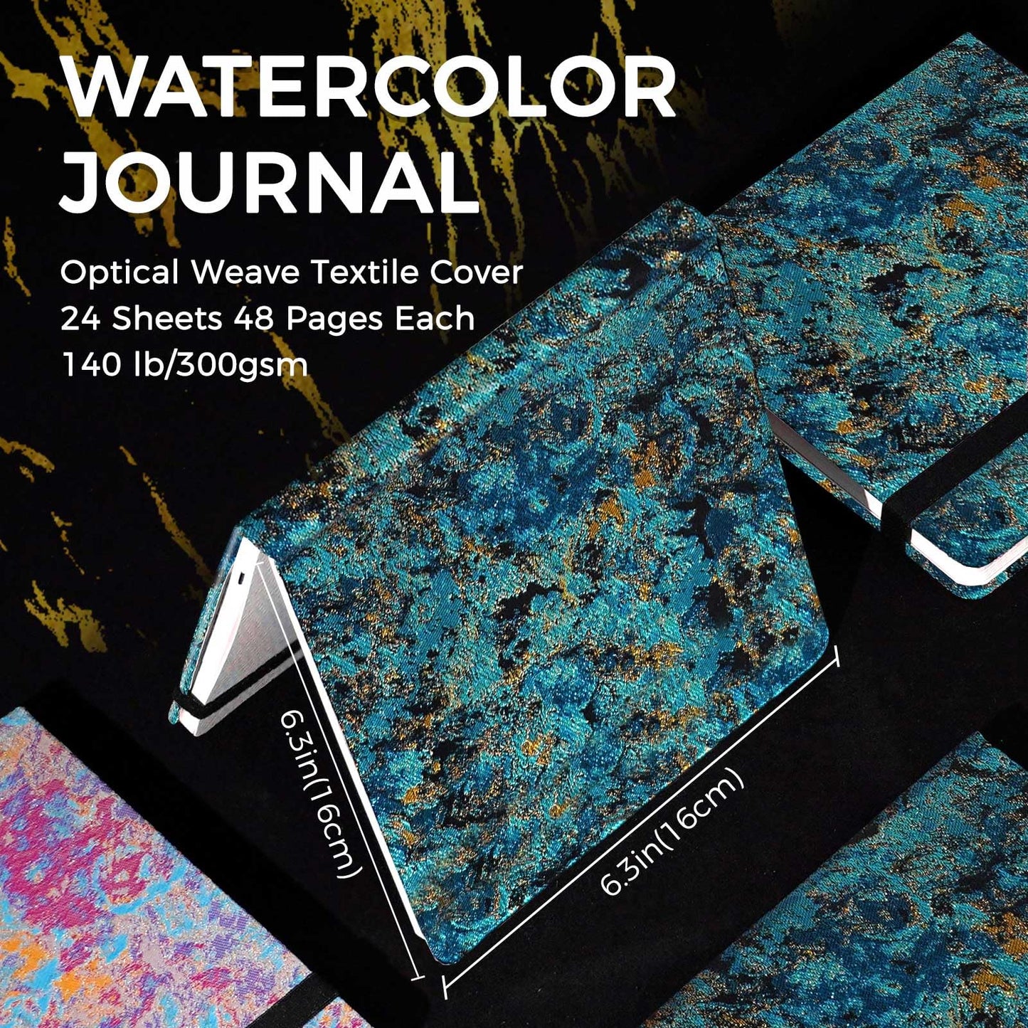 Funto Watercolour Journal, 6.3x6.3", 2 PACK, 24 Sheets Each, 100% Cotton Cold Press, 300gsm/140lb, Inner Paper Pocket, Art Supplies for Mixed Media
