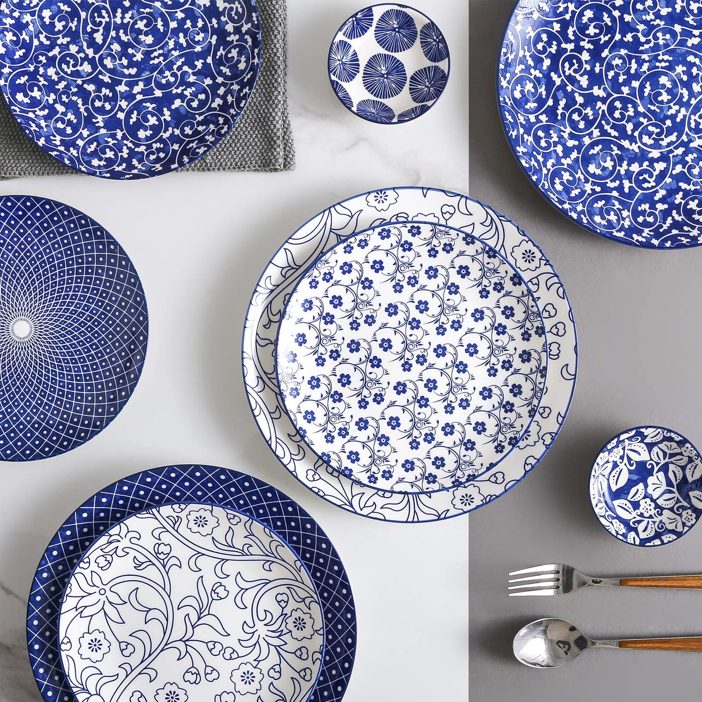 Selamica Plate Set, 26.5 cm Serving Plate, Cake Plate, Dessert Plates for Salad, Pancakes, Steak, Set of 6, Vintage Blue