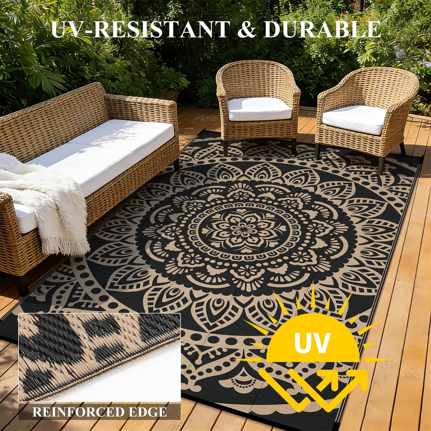 Bsmathom Waterproof Outdoor Rug 5'x8' Reversible Boho Plastic Straw Patio Deck Camping Rugs, Indoor Outdoor Portable RV Mat Clearance Carpet for Outside, Porch, Balcony, Backyard, Beach, Pool