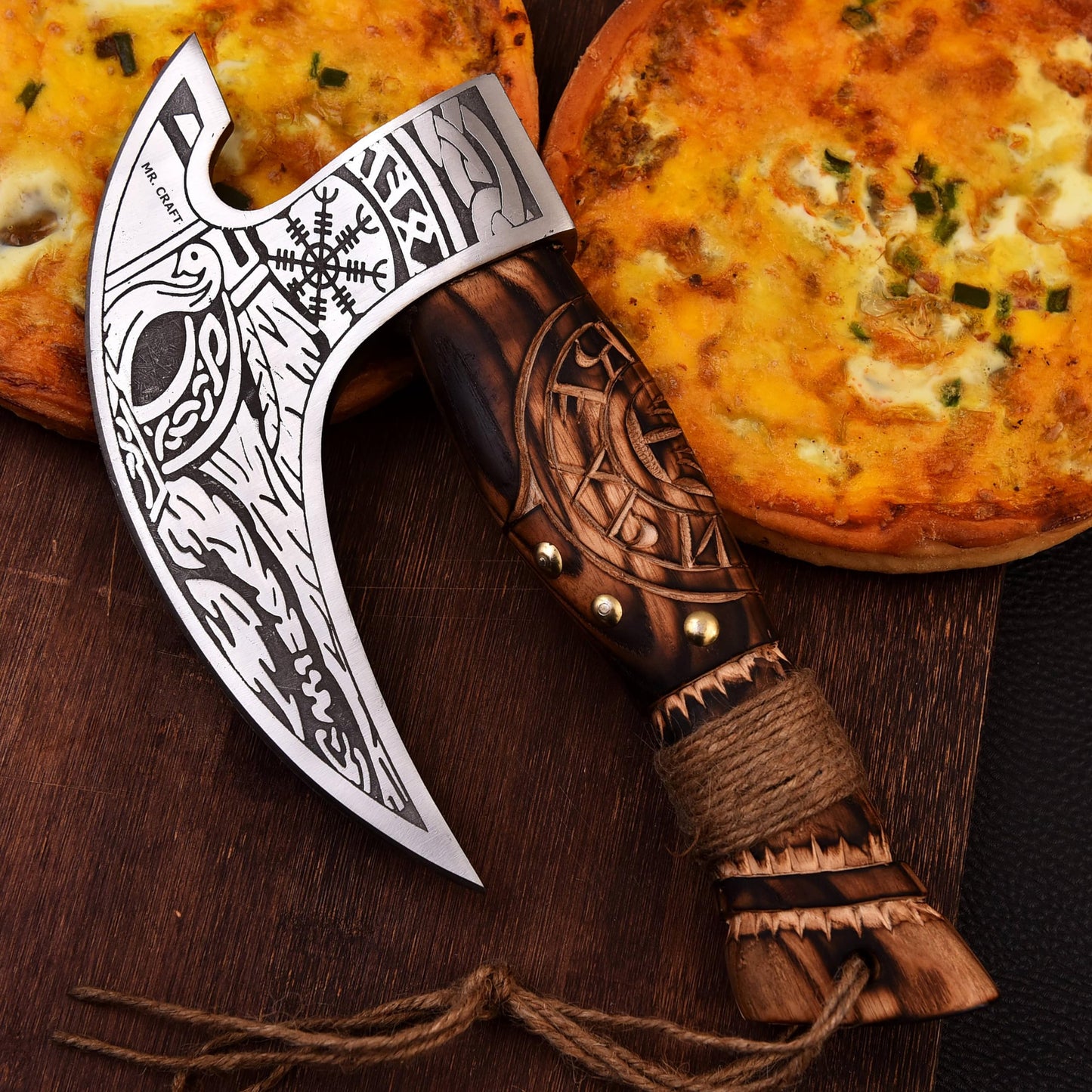 MR. CRAFT Pizza Cutter Axe Rocker by - Carbon Steel Slicer Chef Pizza Cutter Viking Axe with Leather Cover - Premium Pizza Oven Accessories Ulu Rocking Pizza Gift Gifts for Men (Engraved Ash Wood)