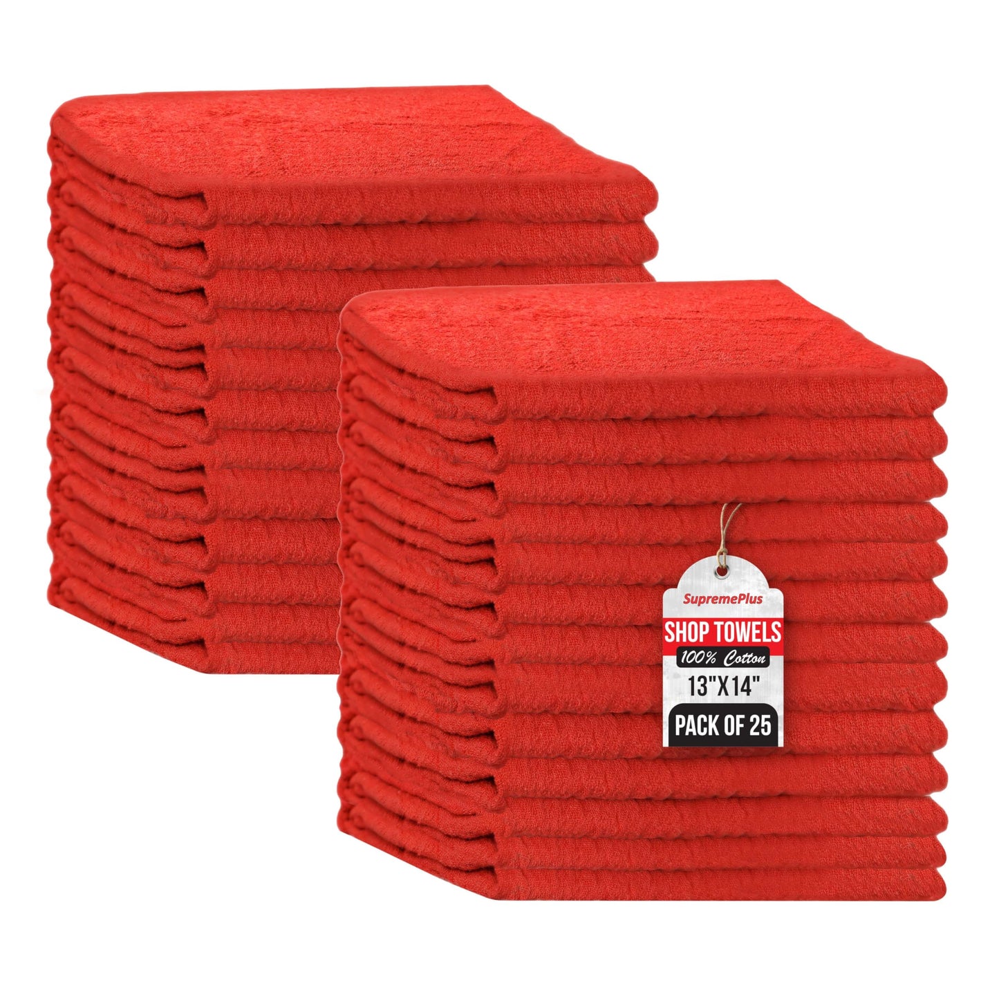 SupremePlus Shop Towels (Red, 25-Pack) - Bulk Cleaning Towel in a Bag, Mechanic Cotton Wipes for Car Maintenance, Auto Mechanics & Garage, Wipe Grease & Oil, Machine Wash & Reusable