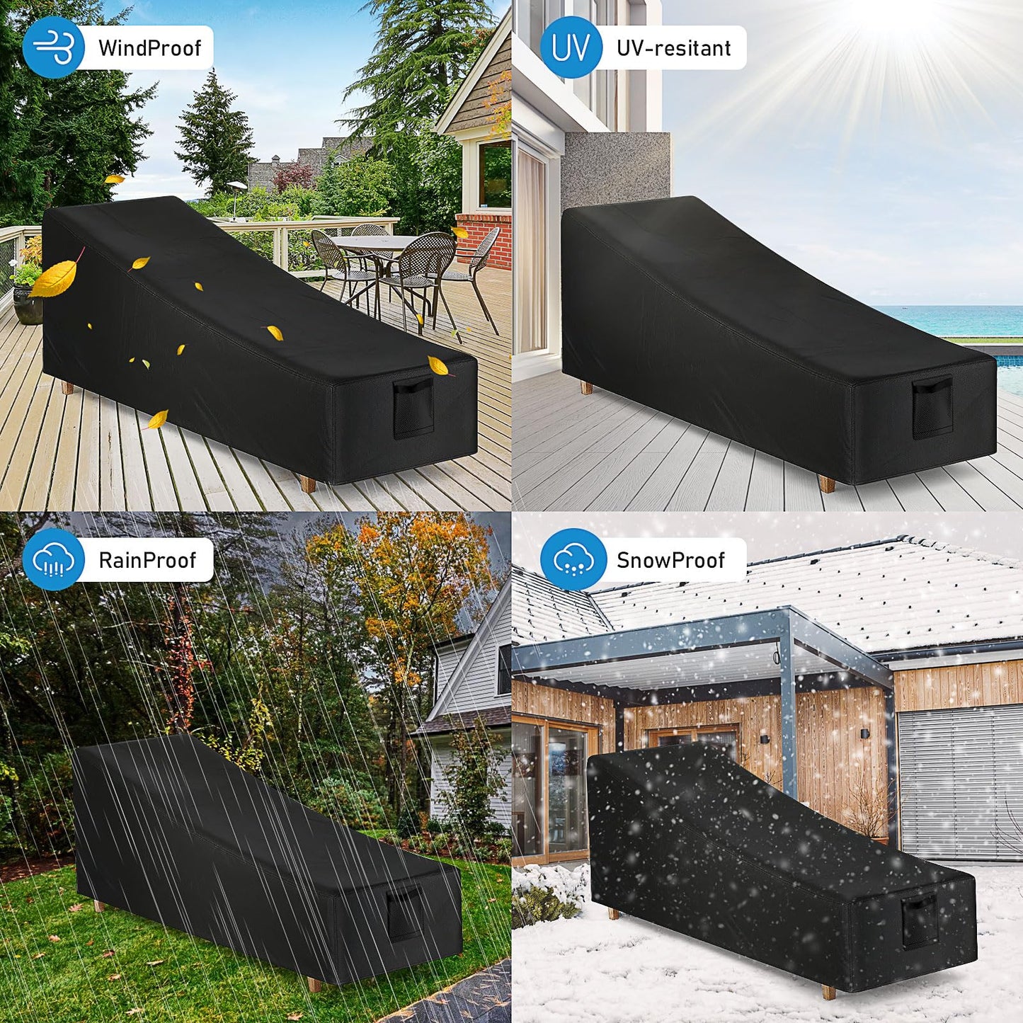 Chaise Lounge Covers Waterproof Outdoor, 2 Pack Heavy Duty Patio Furniture Covers with Air Vent, Bench Chair Seating Cover for Lawn Poolside, All Weather Protection, 84" L x 32" W x 32" H, Black