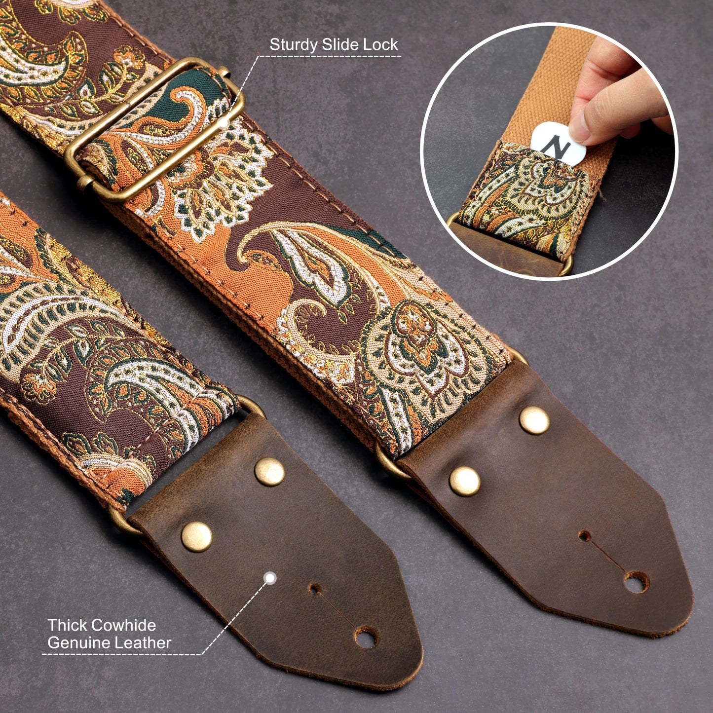 Nefelibata Guitar Strap,Crazy Horse Leather Jacquard Embroidery Cotton Guitar Straps for Bass, Electric & Acoustic, Best Gifts for Guitarists(Golden Silk Brown Flower)