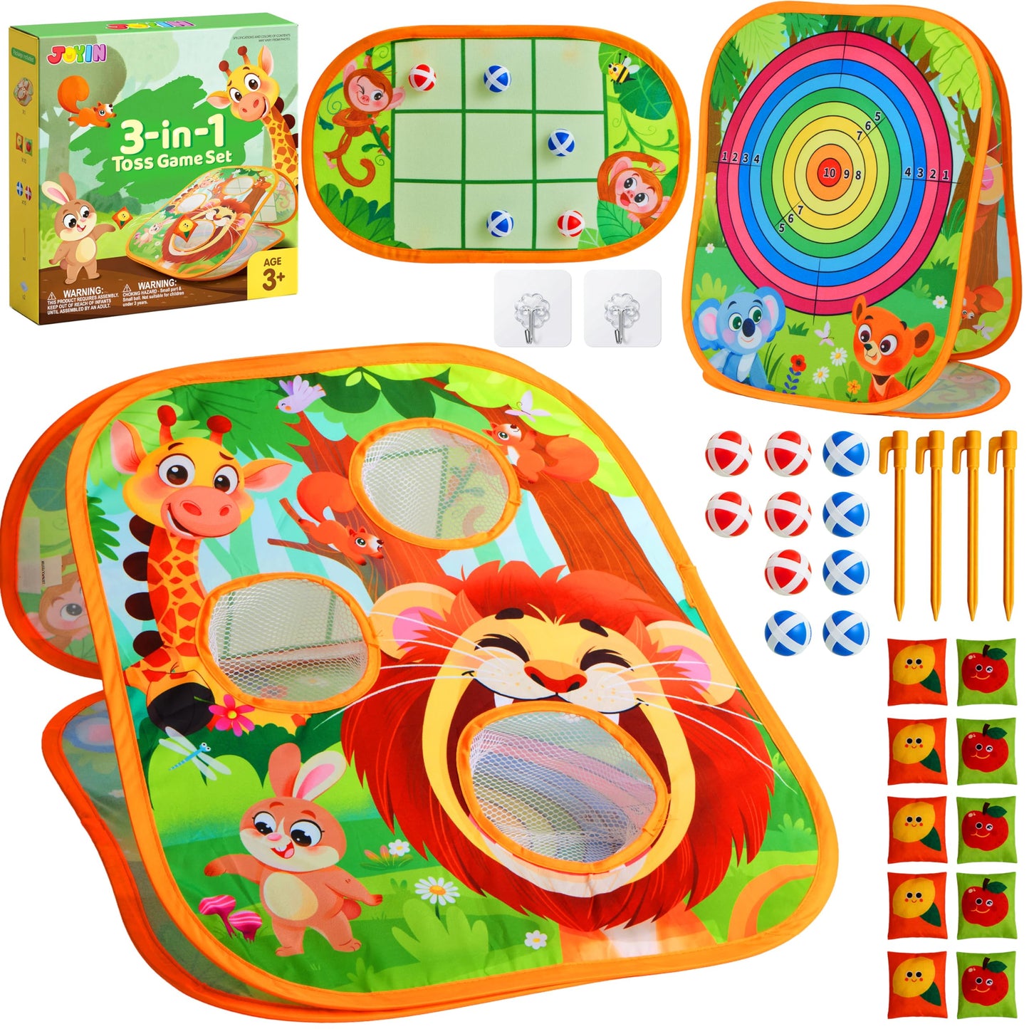 JOYIN 3-in-1 Animal Bean Bag Toss Game for Kids, Portable Corn Hole Games with Tic Tac Toe & Dartboard, Outdoor Toys for Party Yard Beach Lawn, Birthday Gift for Boys Girls Toddlers