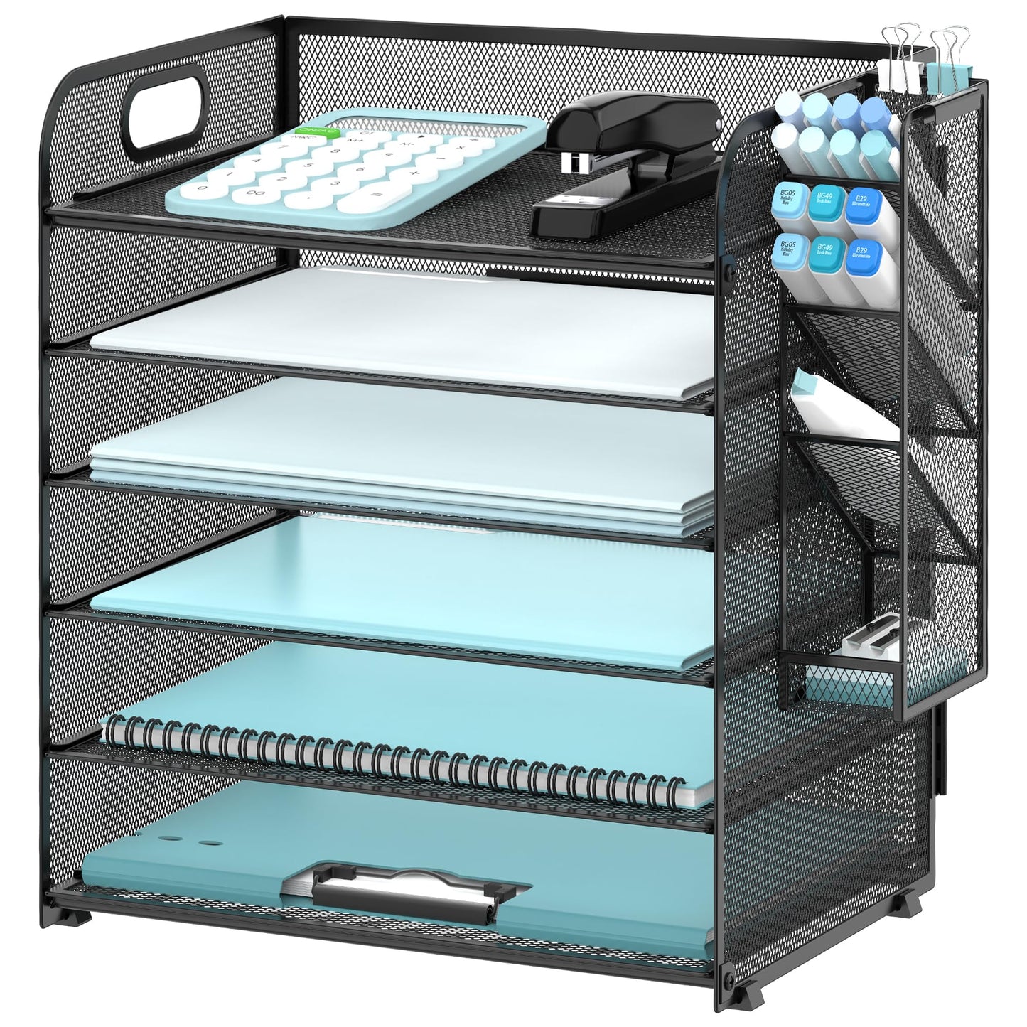 SUPEASY 6 Tier Paper Organizer with 4 Pen Holders, Mesh Letter Tray with Handle, Paper Tray Organizer for A4 Files, Black