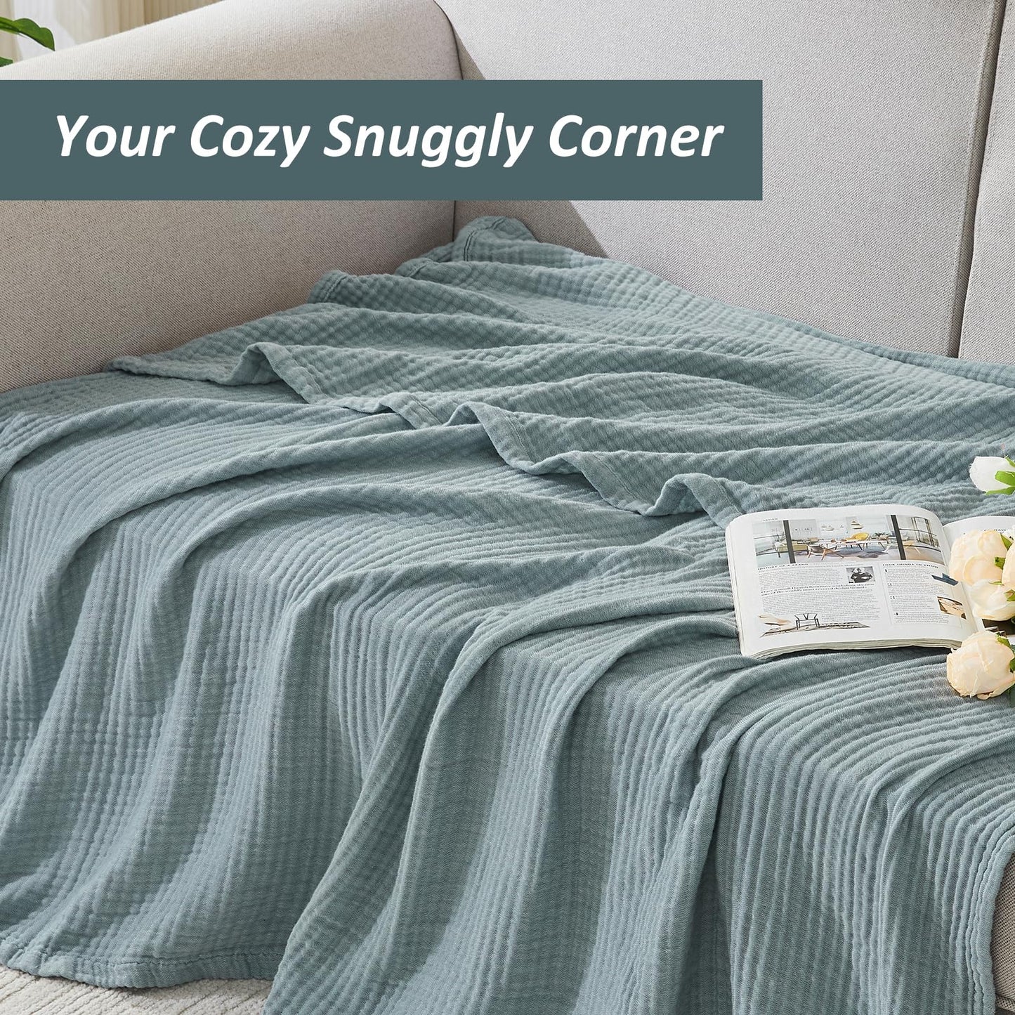 EMME Cotton Muslin Queen Blanket Bed Layering Bedspread Coverlet Breathable Gauze Soft Lightweight (Heather Teal, 90"x90")