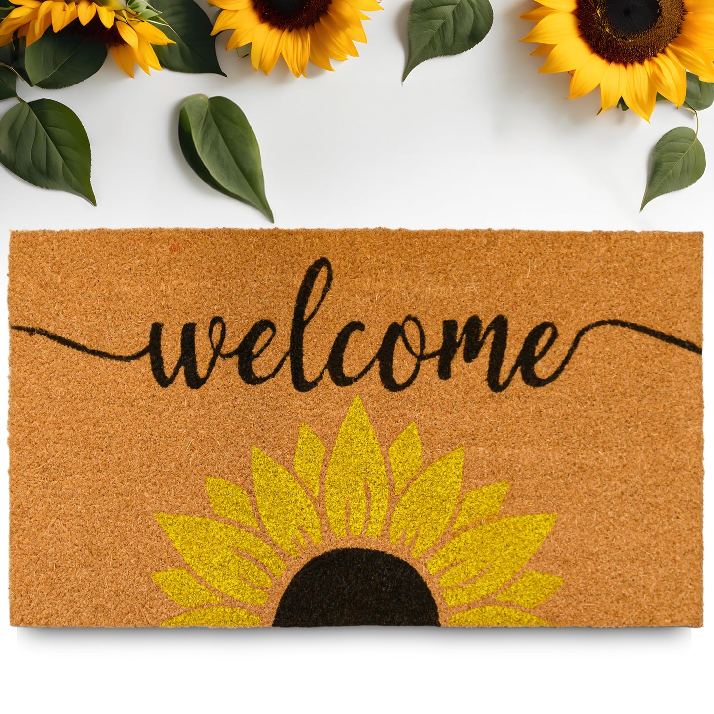 Sunflower Welcome Mat 30x17 Inch, Sunflower Door Mat for Covered Outdoor Area, Spring Doormat w/Non Slip-PVC Backing
