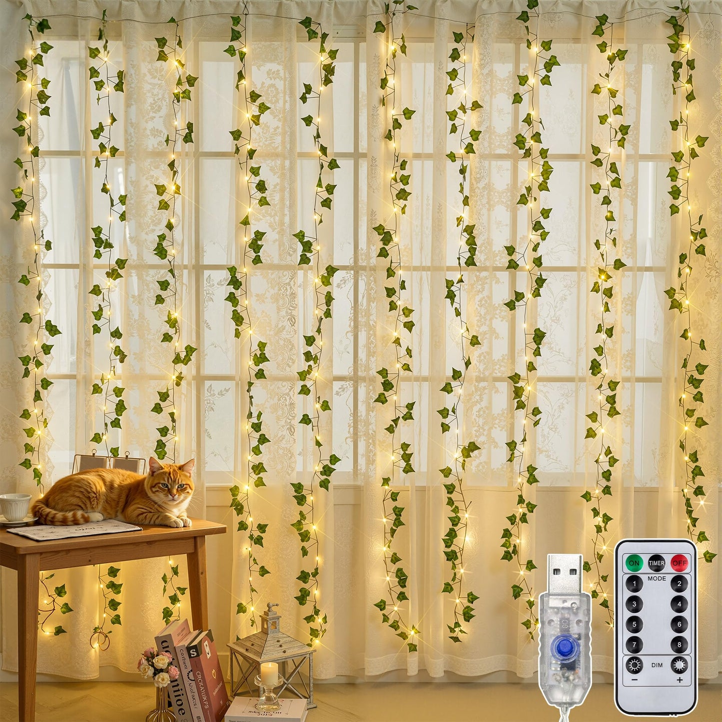 Soagrc Ivy Vines with Fairy Lights, 200 LED Vine Lights with Remote and 8 Lighting Modes, Ivy Curtain Lights for Dorm Wall Wedding Party Garden Decor, 6.6ft x 6.6ft
