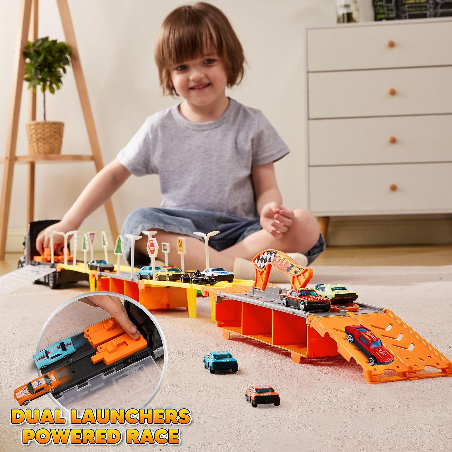 JOYIN Toy Truck for Kids, Race Toy Cars, 60" Extra Long Race Track and 12 Die-Cast Metal Cars, Toddler Carrier Truck Playset with Lights & Sounds, Birthday Gift for 2 3 4 5 6 7 Years Old Boys Girls