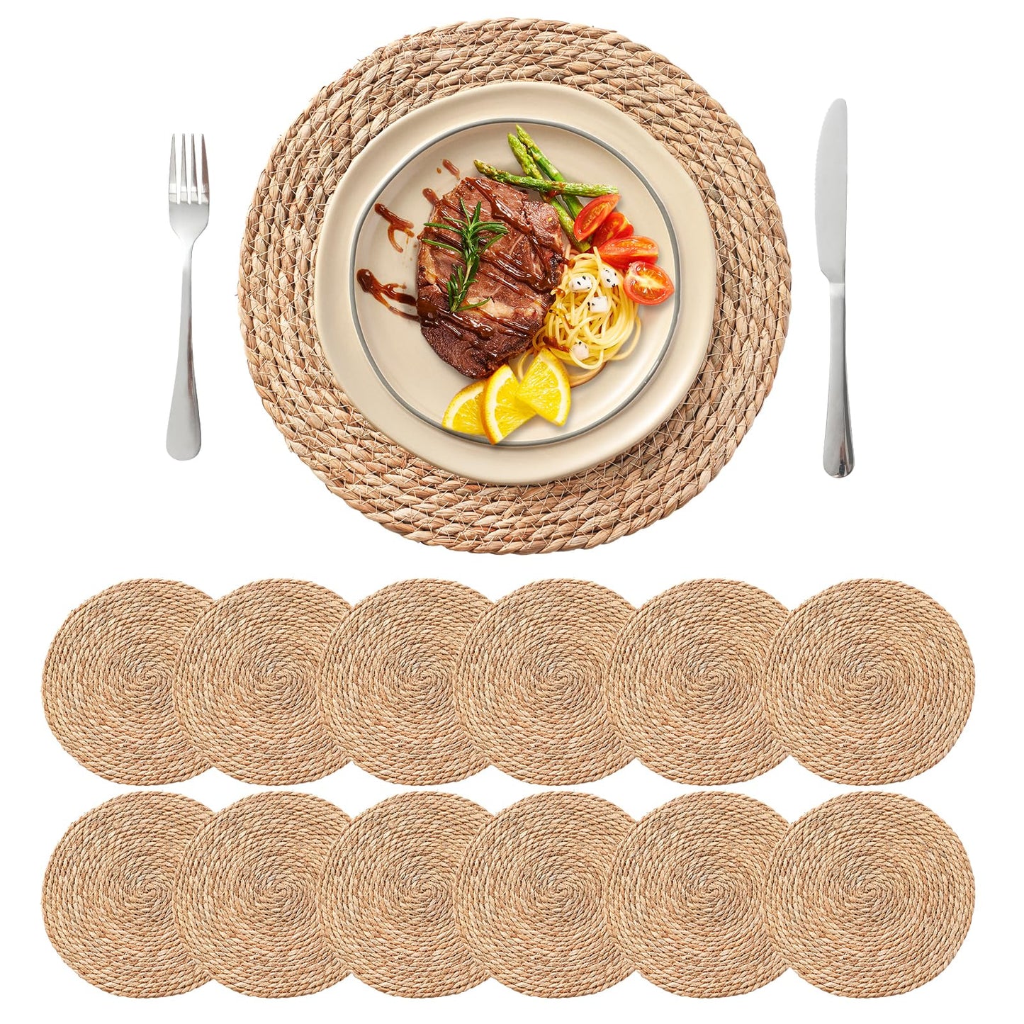 Round Woven Placemats Set of 12, 13.5 inch Boho Rattan Chargers for Dinner Plates, Rustic Wicker Place Mats, Hand-Woven from Natural Hyacinth, for Dining Table, Farmhouse, and Thanksgiving