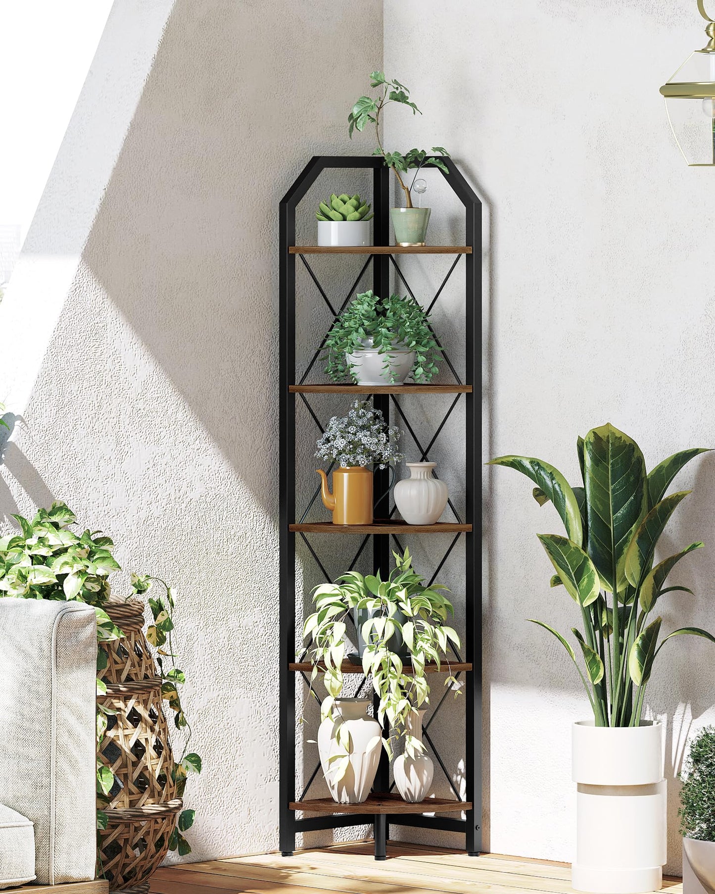 59.4" Corner Shelf, 5-Tier Industrial Corner Bookshelf, Corner Storage Stand, Plant Stand Display Shelf, Bookcase for Bedroom, Living Room, Home Office, Rustic Brown and Black TCJ10BF