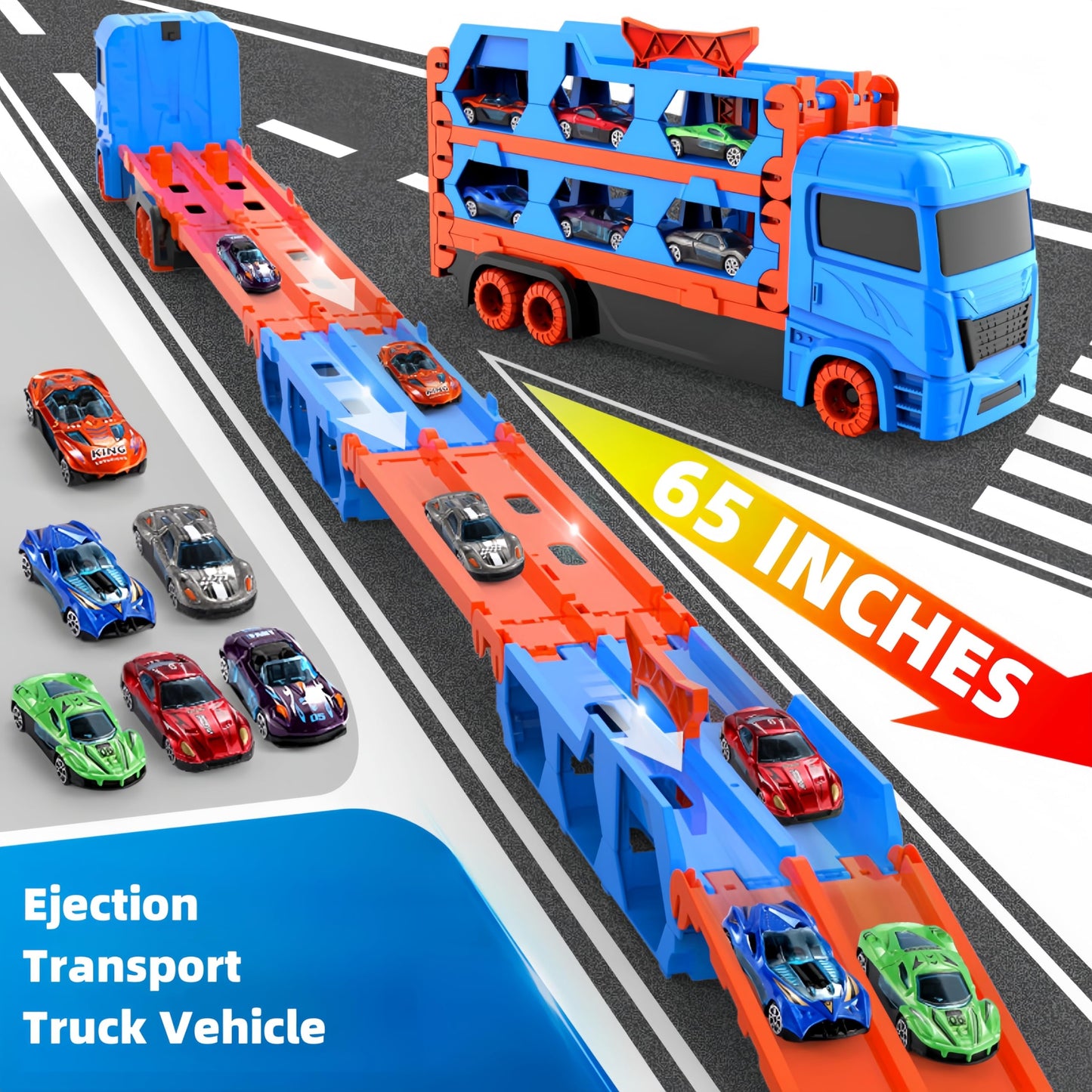 Bearbao Toddler Boy Toys for 2 3 4 5 6 Years Old Boys, 65 Inches Race Track for Boys Kids Die-Cast Transport Truck Car Toys, Toddler Car Toys Set for Kids Boy