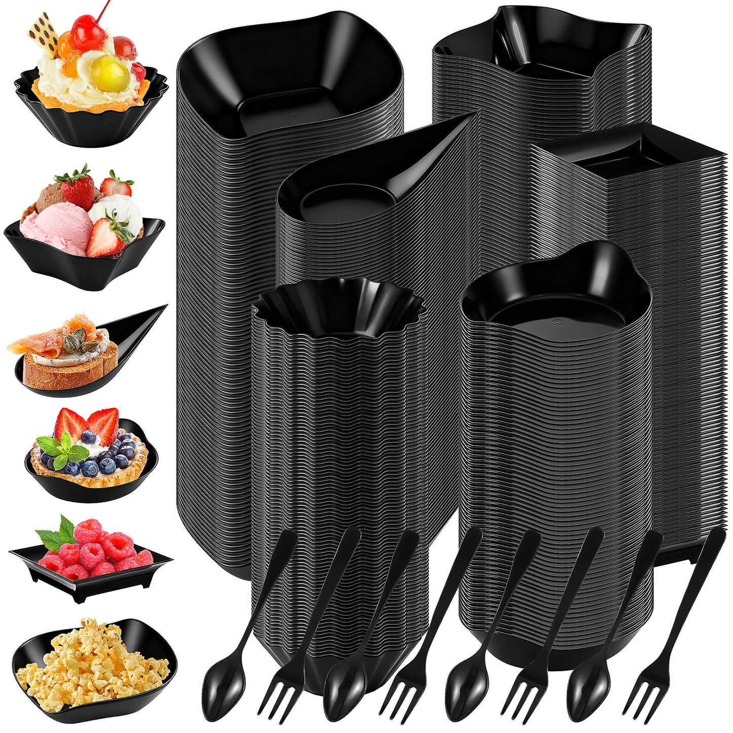 600 Pcs Mini Disposable Appetizer Plates Set, 6 Shapes Plastic Dessert Cups and Spoons, Forks for Parties, Weddings, Buffets, Mousse, Ice Cream, Snacks (Transparent)