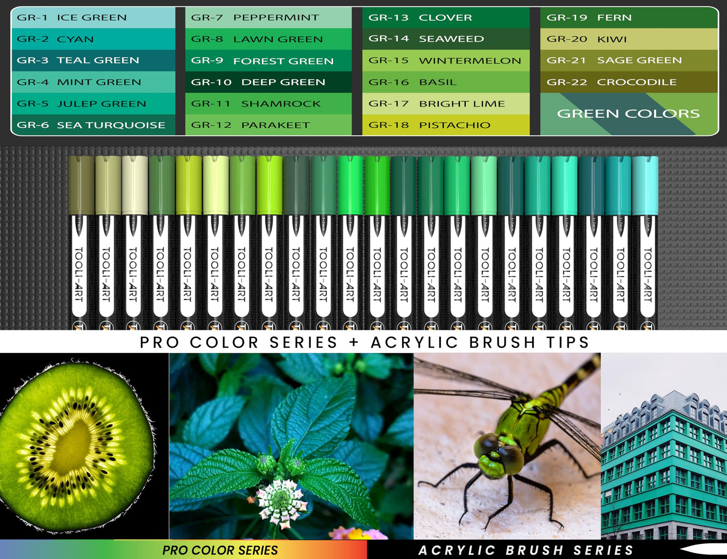 22 Flexible Brush Tip Green Tones Acrylic Paint Pens Markers Set 1-7mm Line for Rock Painting, Brush Lettering, Glass, Mugs, Wood, Metal, Canvas, Fabric, Plastic. Non Toxic Waterbased Quick Drying