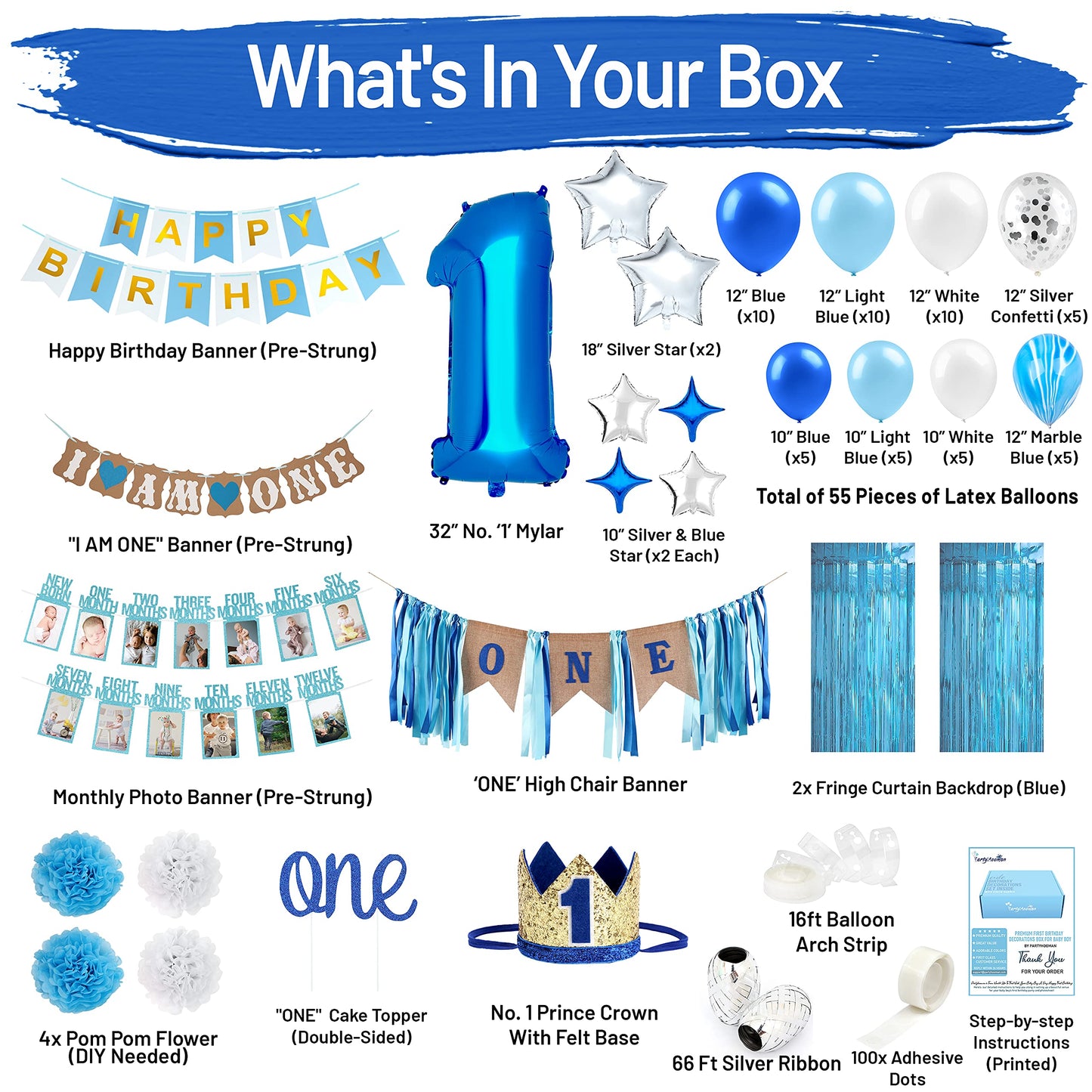 PartyHooman Boy 1st Birthday Decors: Package With Photo Banner, Backdrop, Crown, High Chair Banner & Supplies