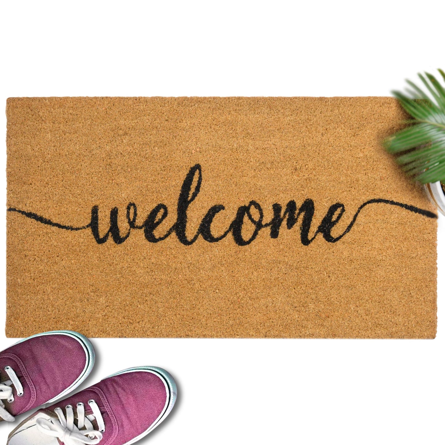 Outdoor Welcome Mat 30x17 Inch Script, Welcome Doormat for Covered Outdoor Area, Coir Door Mat w/Non-Slip PVC Backing