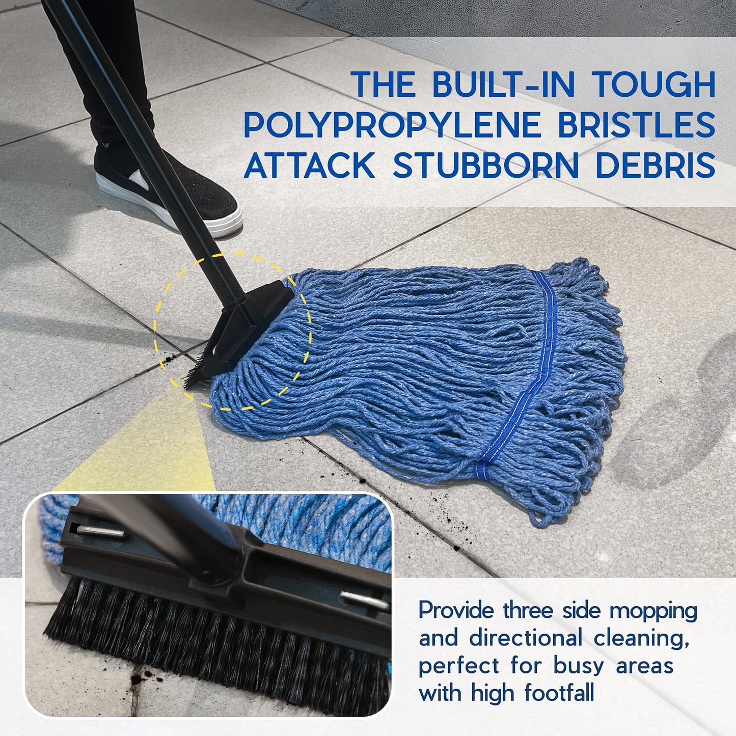 ONESIMUS Large Heavy-Duty Commercial Mop Head Replacement – Screw-On Wet Industrial Cotton Looped String Refill with Built-in Tough Polypropylene Bristle Brush for Floor Cleaning (Blue 2 Pack)