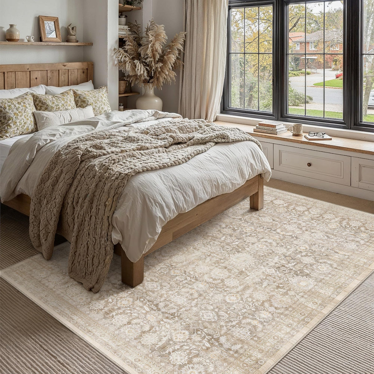 PureCozy 5x7 Beige Washable Area Rugs Living Room Floral Accent Distressed Carpet Non Slip Soft Tapis Salon Low Pile Throw Rug Stain Resistant for Bedroom Dinning Room Office Farmhouse Nursery