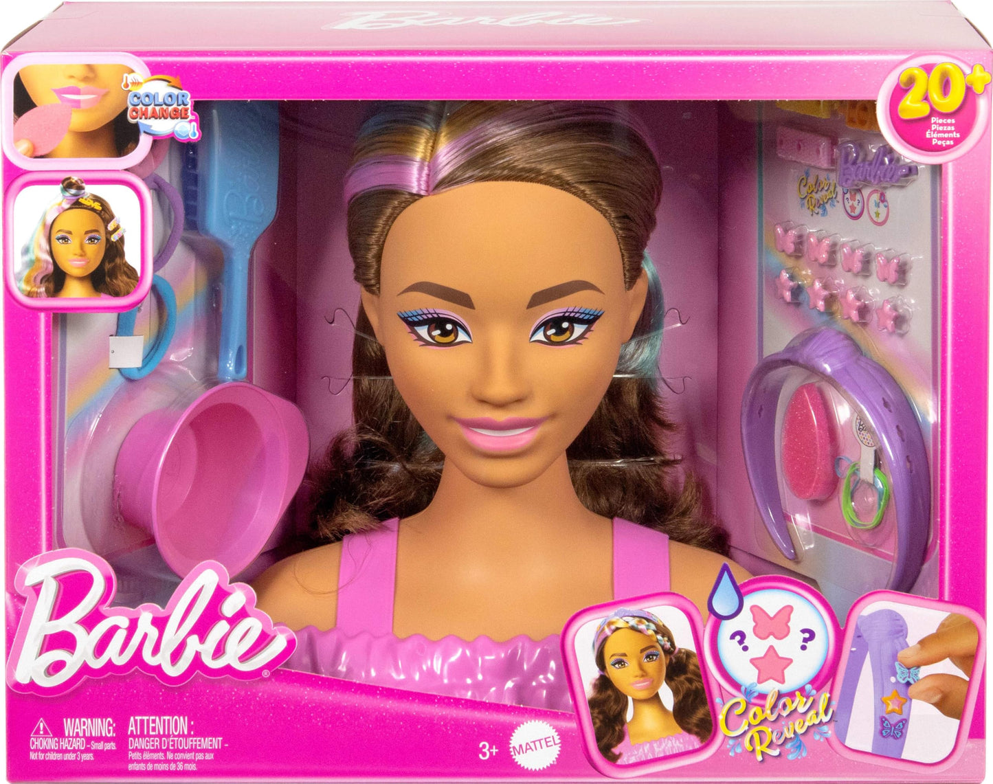 Barbie Doll Styling Head, Dark Brown Hair with 20+ Hair Styling Accessories Including Star & Butterfly Color Change Hair Clips