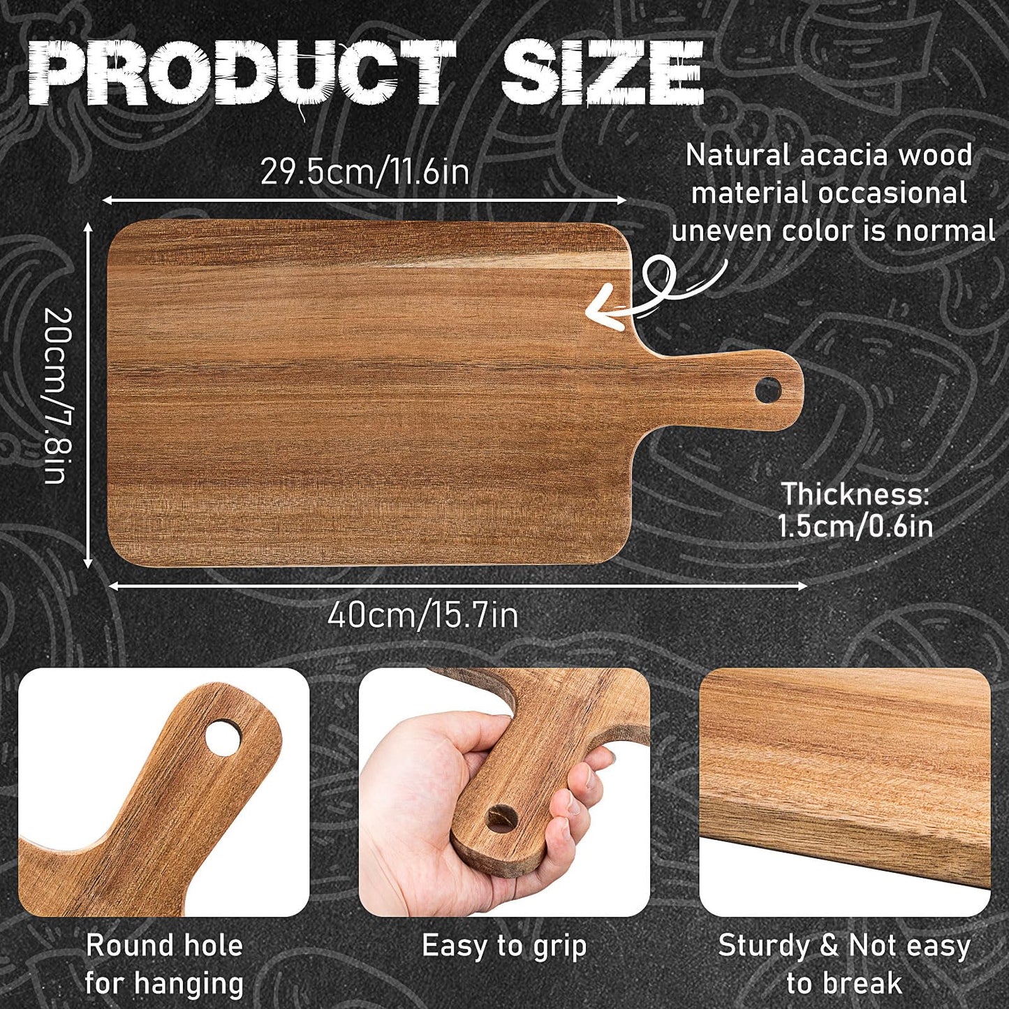 Acacia Wood Cutting Board, 8 Pcs, 15.7 x 7.8 Inch Wooden Serving Board with Handles, Large Kitchen Chopping Boards for Pizza, Bread, Cheese, Charcuterie, Fruit, Vegetables