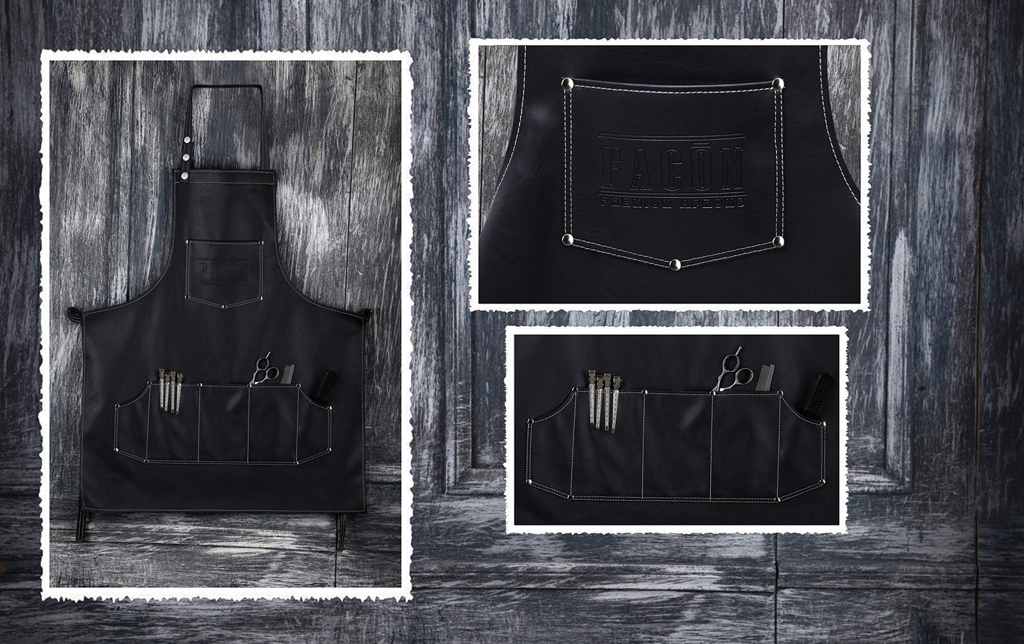 Facón Professional Leather Hair Cutting Hairdressing Barber Apron Cape for Salon Hairstylist - Multi-use Adjustable with 8 pockets - Heavy Duty Premium Quality - Limited Edition - 30" x 24" (Black)