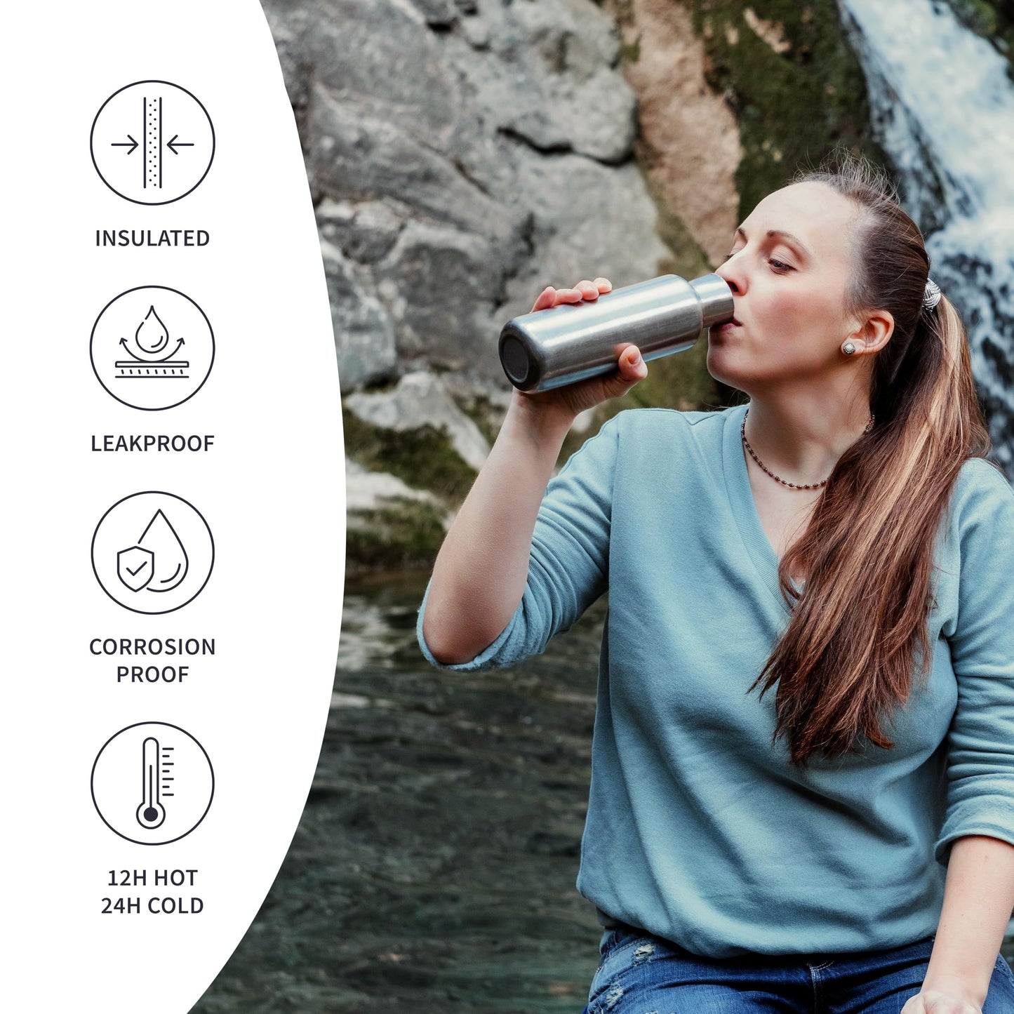 Bambaw Insulated Stainless Steel Water Bottle 32 oz, Dishwasher Safe Water Bottles with Handle, Easy to Clean, Great for Travel, Keeps Drinks Hot for 12h & Cold for 24h (Silver)