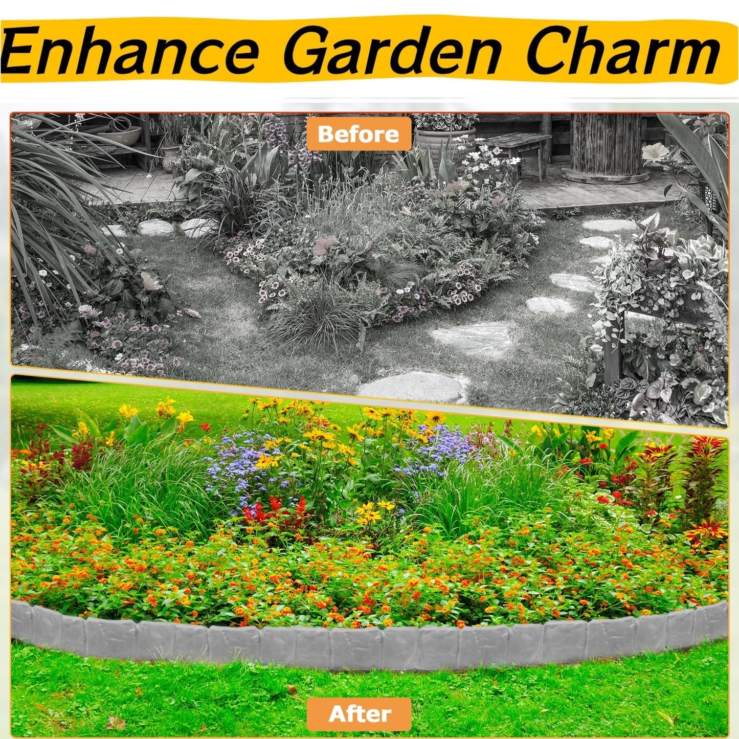 30/40 Pcs Garden Edging Border, Plastic Stone Effect 24/32ft Landscape/Lawn Edging Garden Decor Fence for Garden Lawn Landscape Flower Bed Patios DIY Yard No Dig (40, Gray)