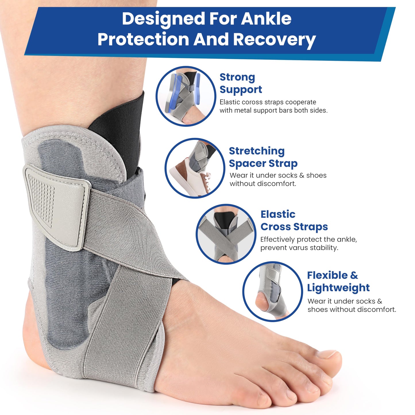 Ankle Brace for Women Men, Ankle Support Brace for Injury Recovery, Sprain, Achilles, Tendon, Ankle Support for Women Men with Adjustable Wrap, Ankle Stabilizer for Sports