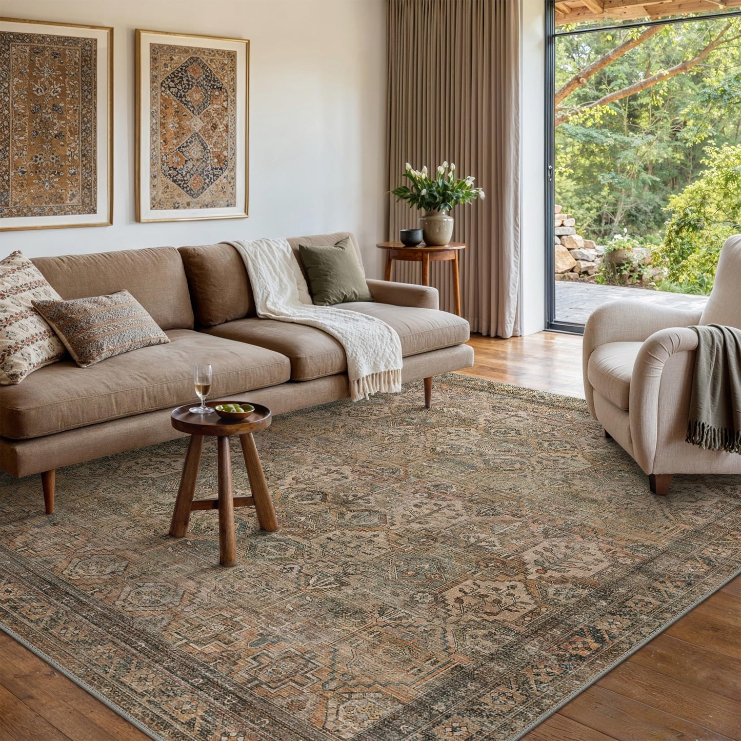 Bavni Area Rug 5x7 Washable Rug for Living Room Bedroom Dining, Washable Vintage Distressed Print Carpet, Ultra-Thin Chenille Low Pile Lightweight Rug with Non Slip Backing, Sepia
