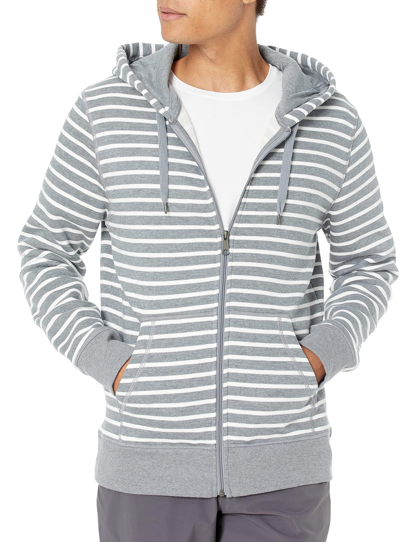 Amazon Essentials Men's Full-Zip Hooded Fleece Sweatshirt, Grey Heather Stripe, Medium